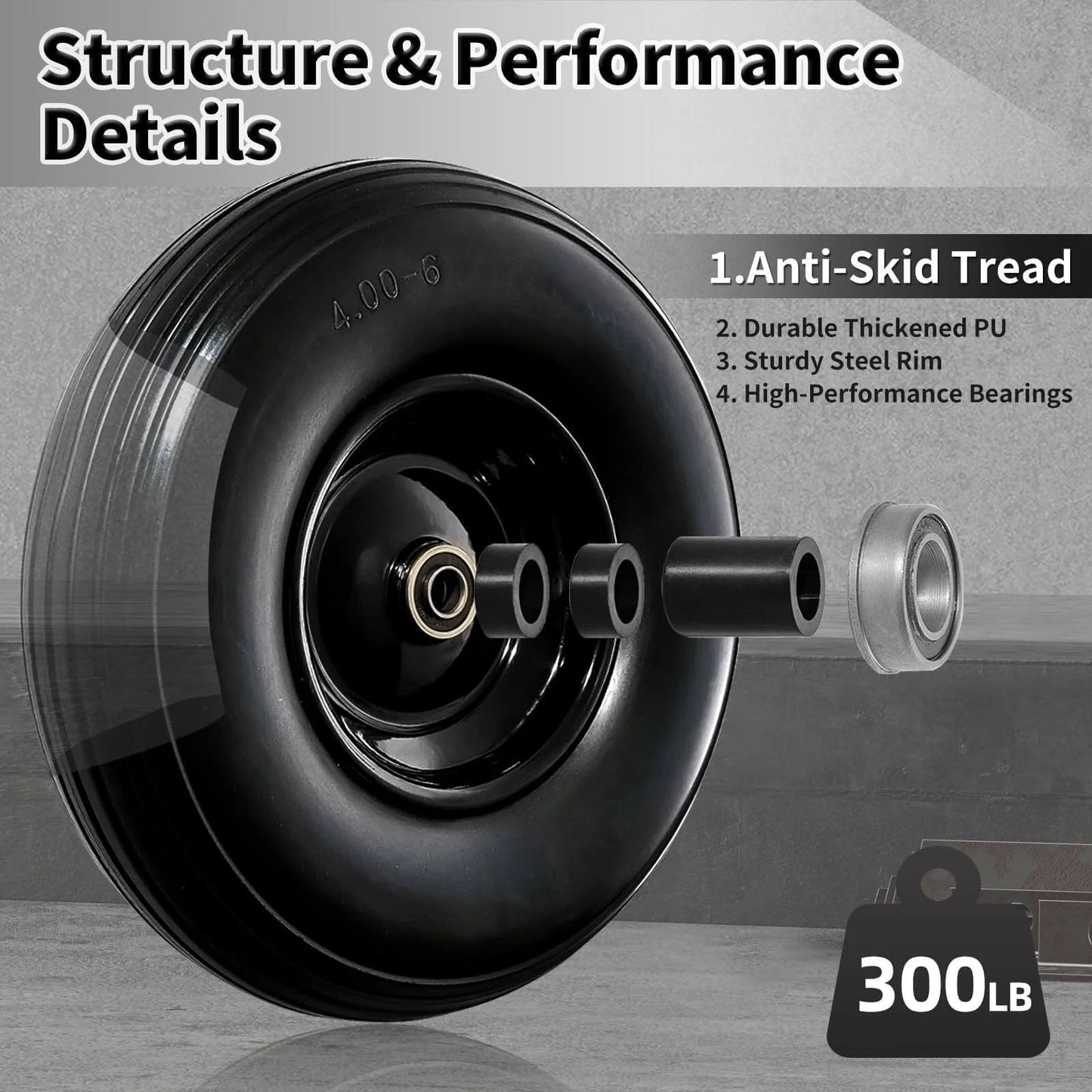 Close-up of wheelbarrow wheel 4.00-6 tire 13"flat free with anti-skid tread and bearings, showing structure and performance details.