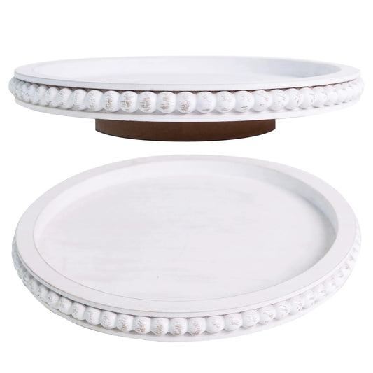 12 Inch Beaded Wooden Lazy Susan Organizer For Farmhouse Tables And Kitchen Counters, Round Turntable For Table Cabinet And Countertop, 360 Degree Rotating Spinning Tray For Condiments Utensils And Small Kitchen Essentials