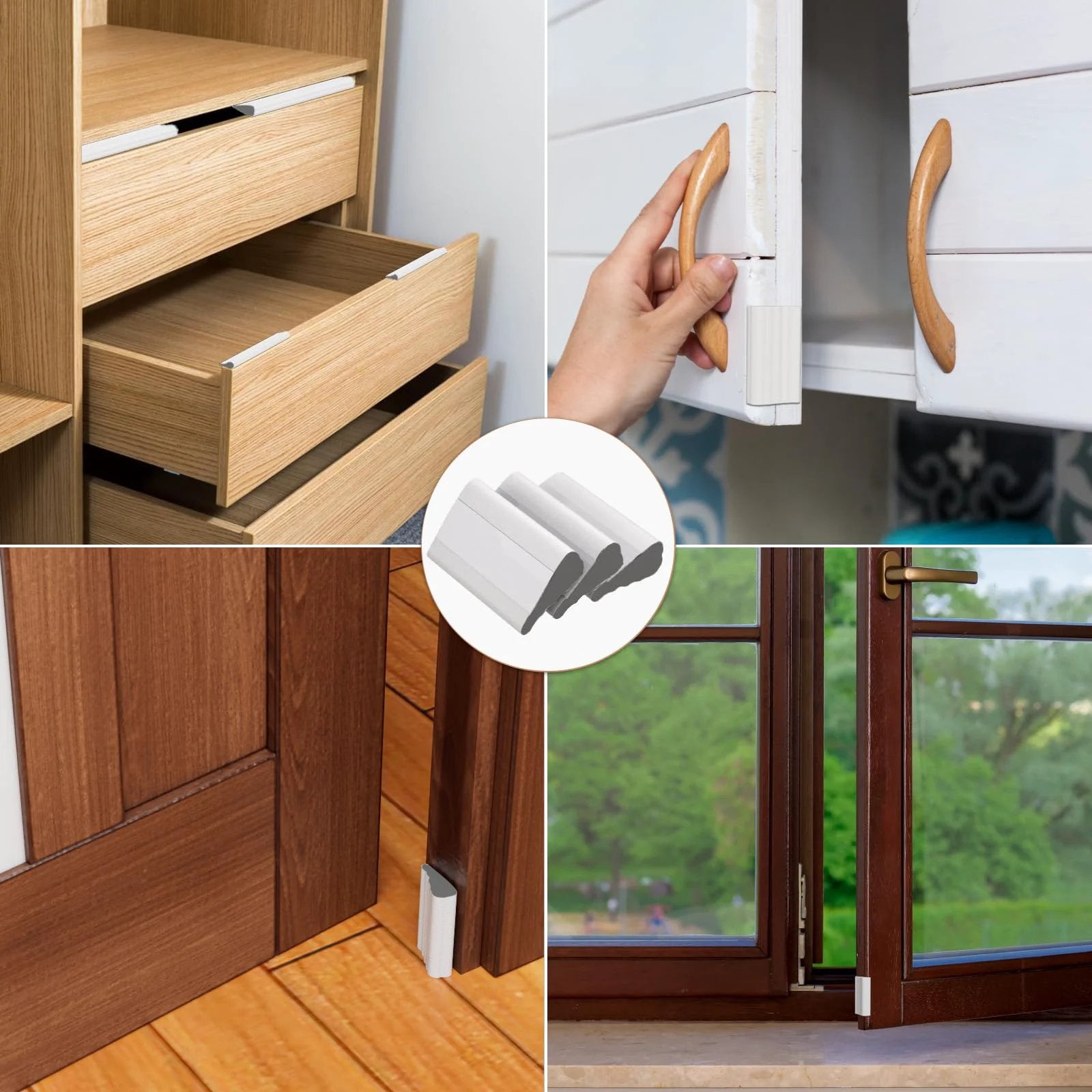 Wedge Style Door Weather Stripping Seal 118 Inch for Exterior Front Door Side White With Upgraded Black Foam installed on various surfaces.