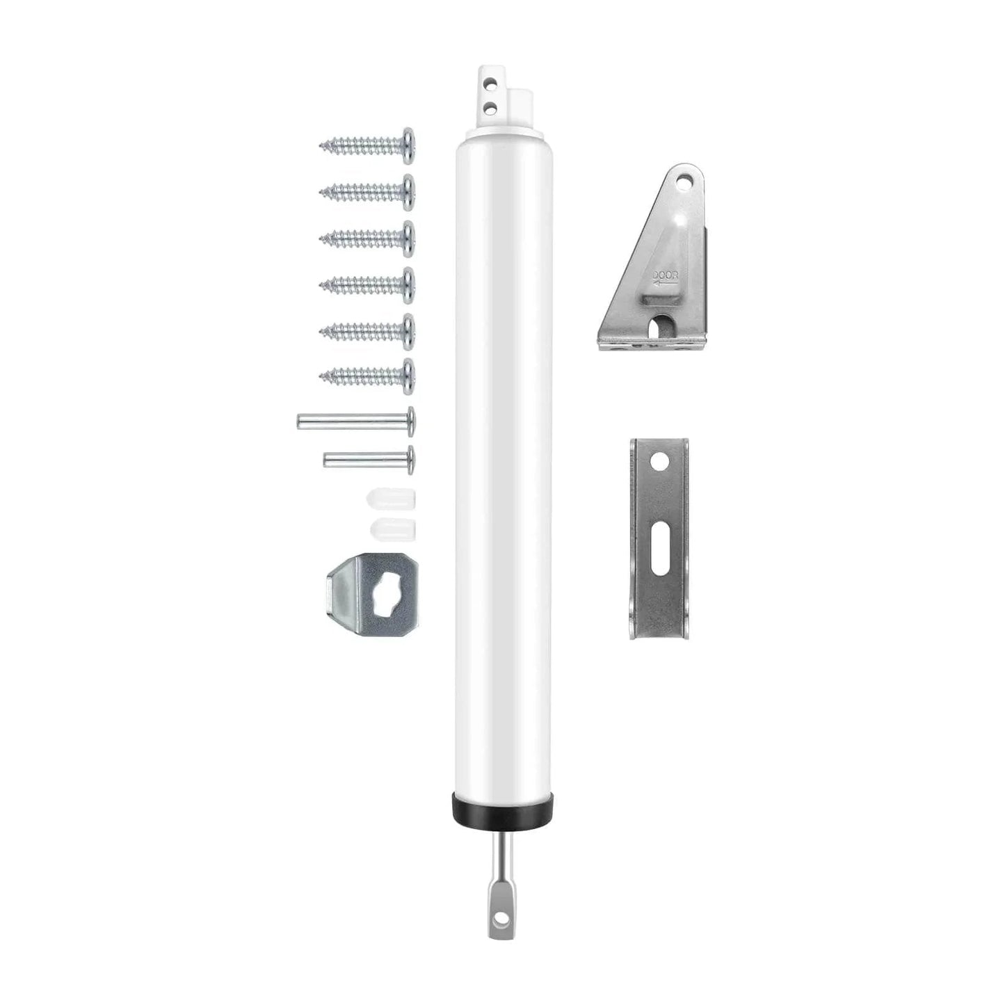 Screen and Storm Door Closer Kit, Heavy Duty Pneumatic Screen and Storm Door Closer components, multiple screws, white cylinder