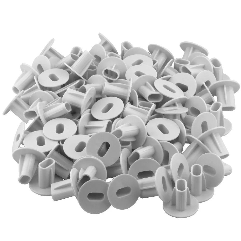 Dual Feed Through Cable Bushings White 100 Pack For Low Voltage Wall Openings Seals And Protects Cables From Abrasion Weatherproof And Varmint Proof When Used With Silicone Seal Dual Design Lets Two Cables Run Simultaneously And Keeps Install Clean.