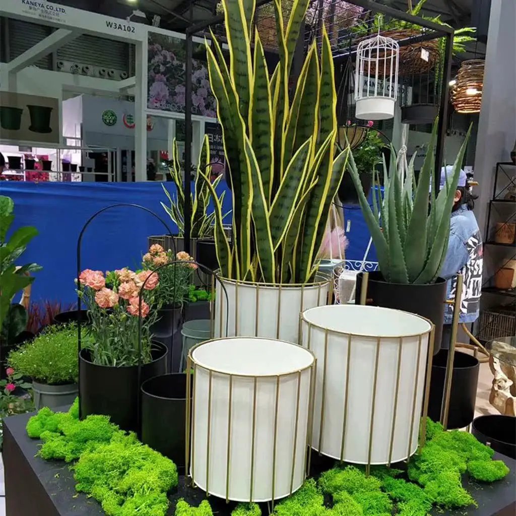 Rust Resistant Iron Plant Pot Stand Set For Indoor And Outdoor Use with white finish and decorative planter frames on display