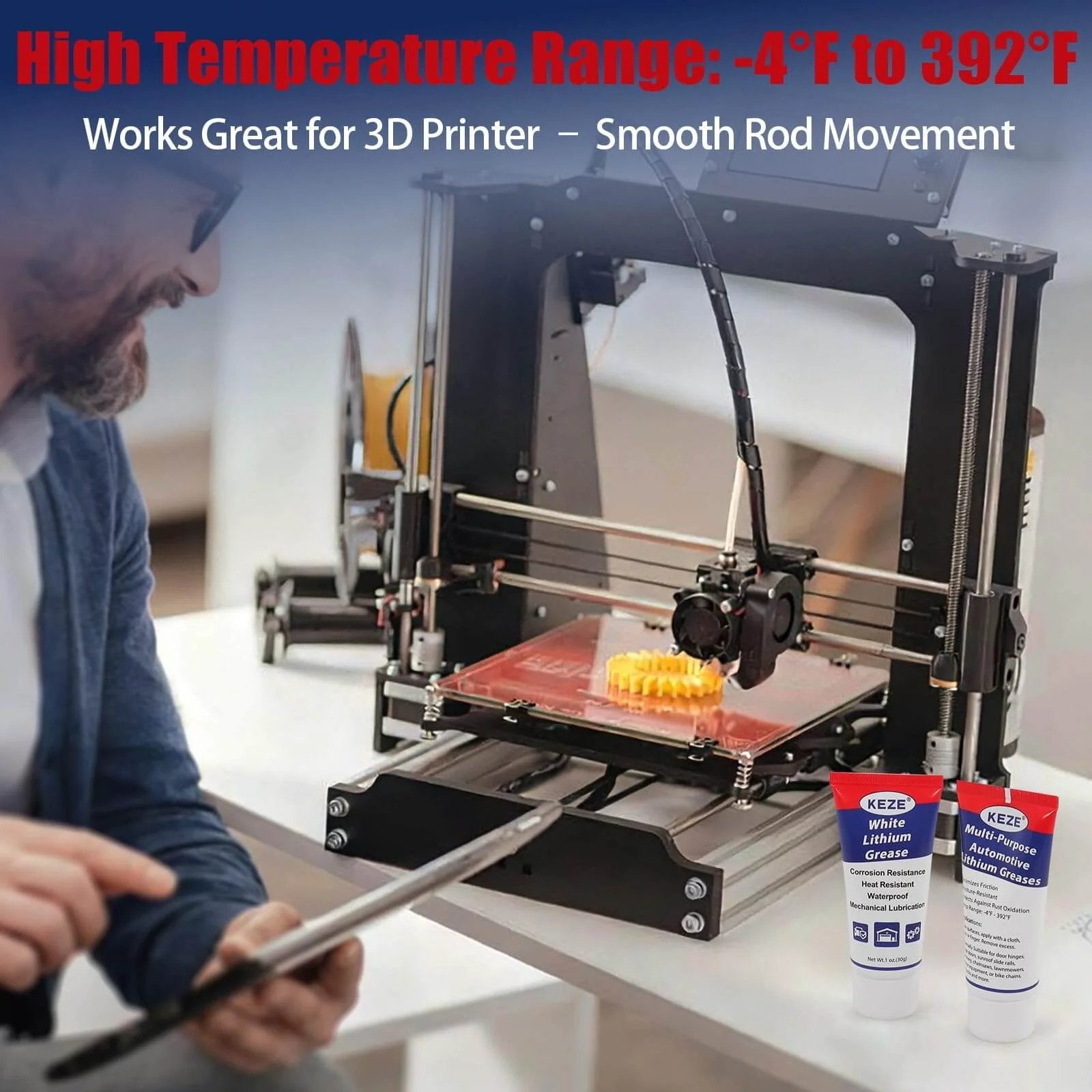 3D printer with Keze White Lithium Grease Tube Automotive Grasa De Litio Car Door Grease with Brush, NLGI 2, displayed nearby.