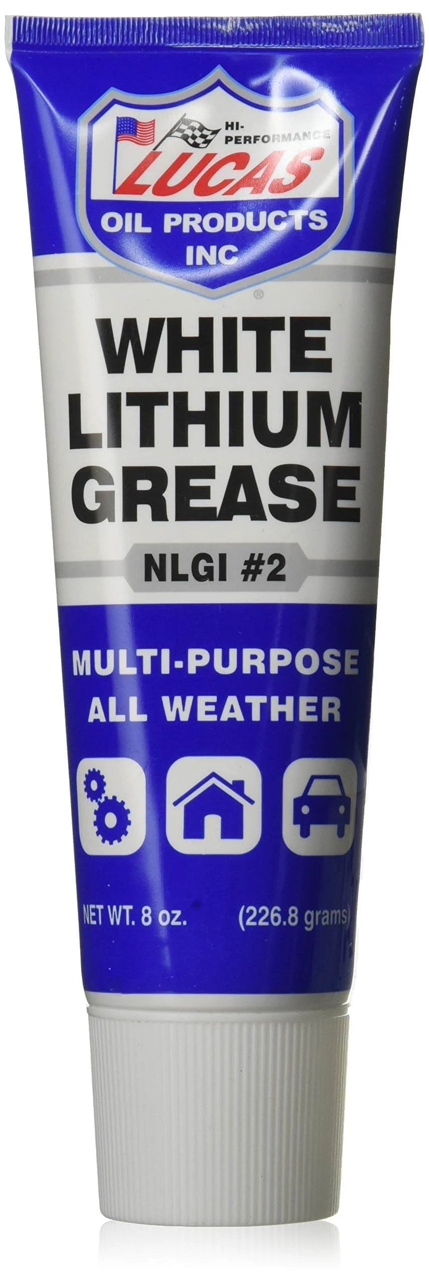 Front view of Lucas Oil 10533 White Lithium Grease - 8 oz. Squeeze Tube with multi-purpose all weather label.