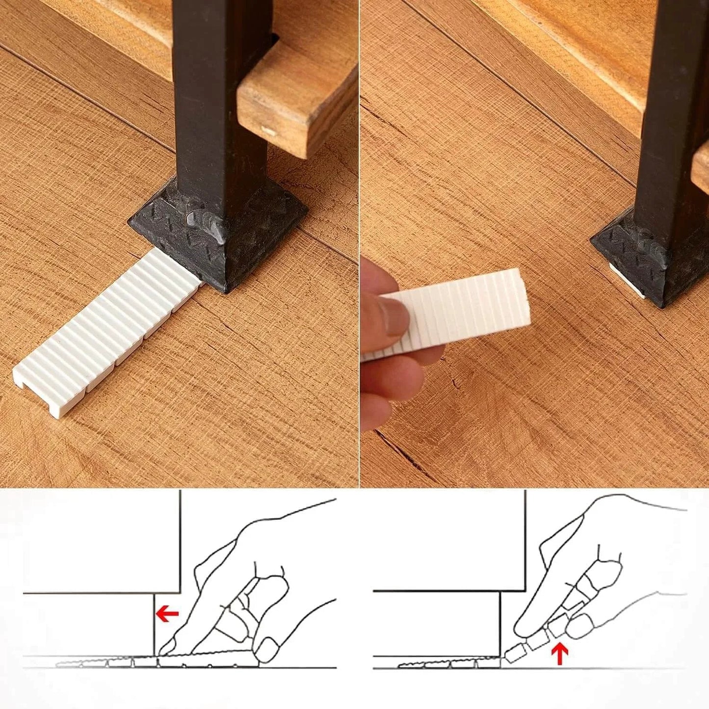 12 Pack White Multi Purpose Furniture Plastic Shims For Leveling And Stabilizing Heavy Objects Cut To Fit Size 3.86 By 0.31 Inches Extreme Weight Capacity Wedges Ideal For Toilets Tables Doors Windows Sheds And More being used to stabilize a table leg.