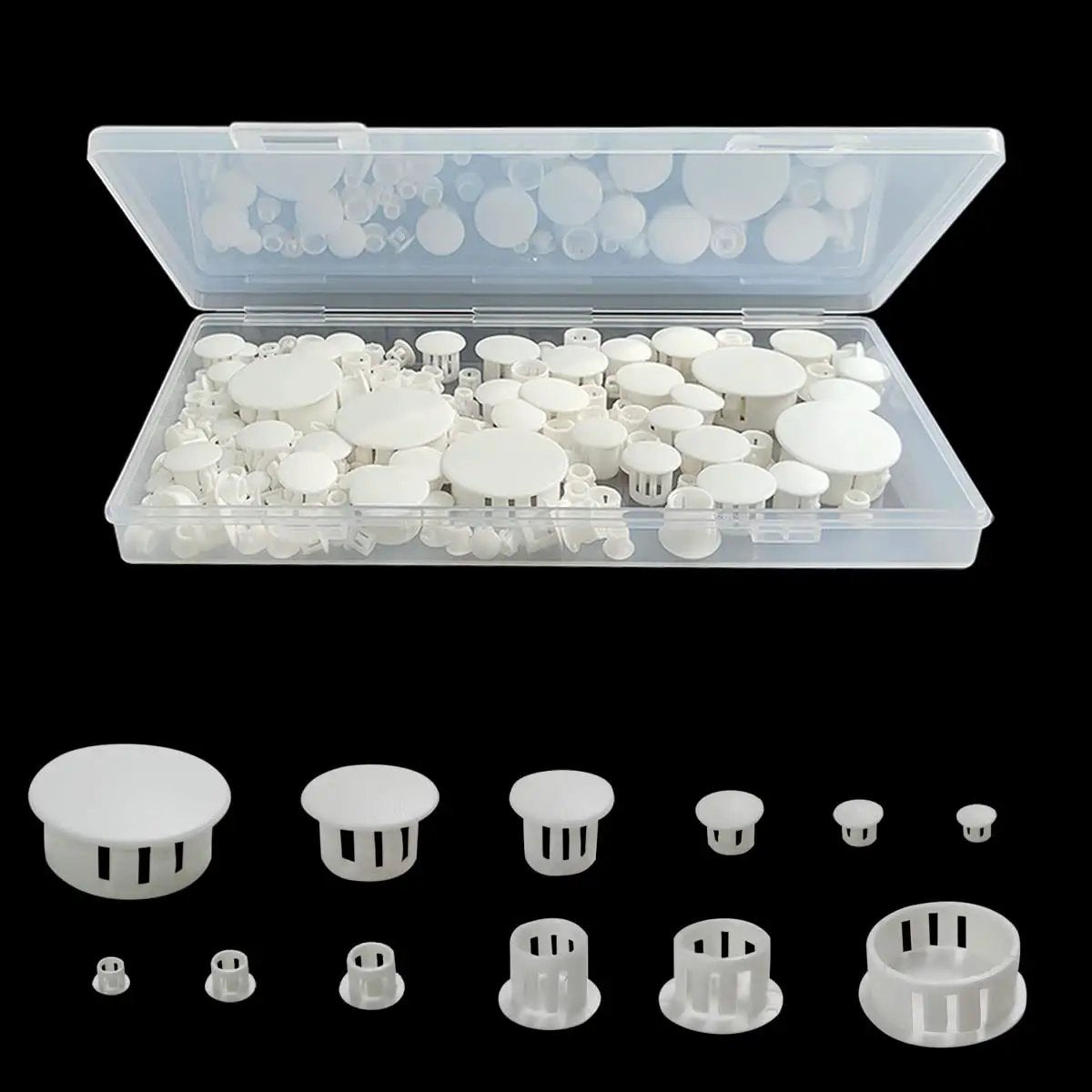 Super Handy 155 Piece White Plastic Hole Plugs Set In 6 Sizes 5mm 6mm 8mm 10mm 13mm And 25mm visible with plastic storage box.