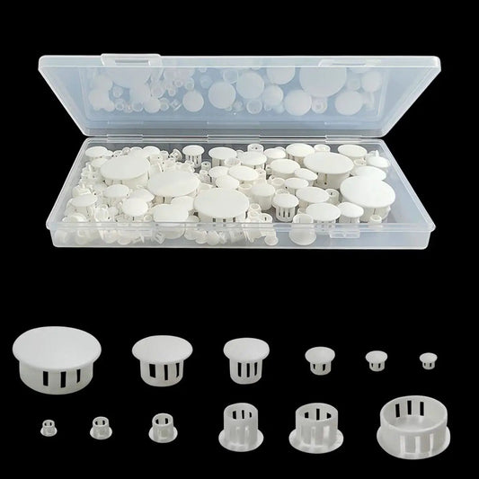 Super Handy 155 Piece White Plastic Hole Plugs Set In 6 Sizes 5mm 6mm 8mm 10mm 13mm And 25mm visible with plastic storage box.