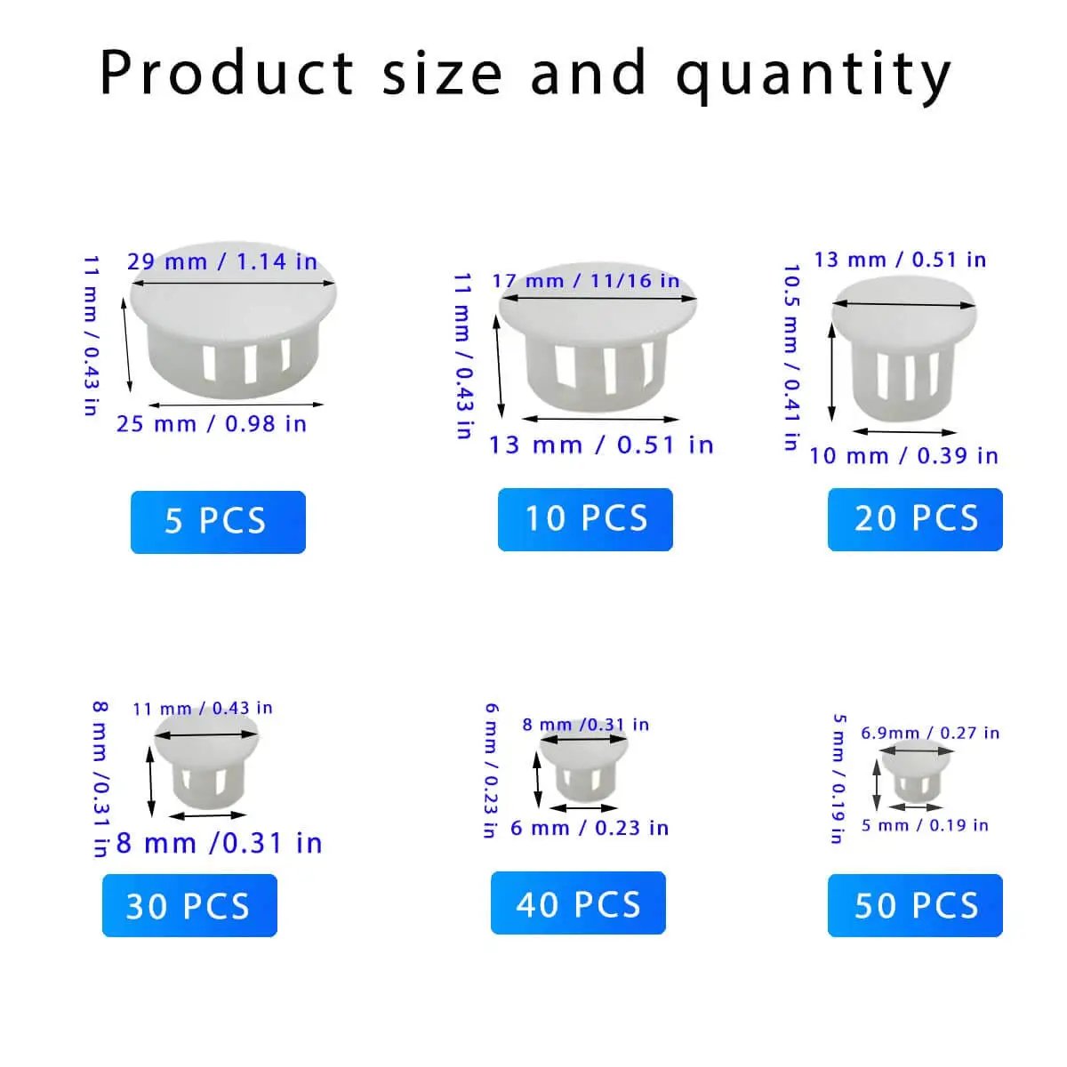 Super Handy 155 Piece White Plastic Hole Plugs Set In 6 Sizes 5mm 6mm 8mm 10mm 13mm And 25mm showing sizes and quantities