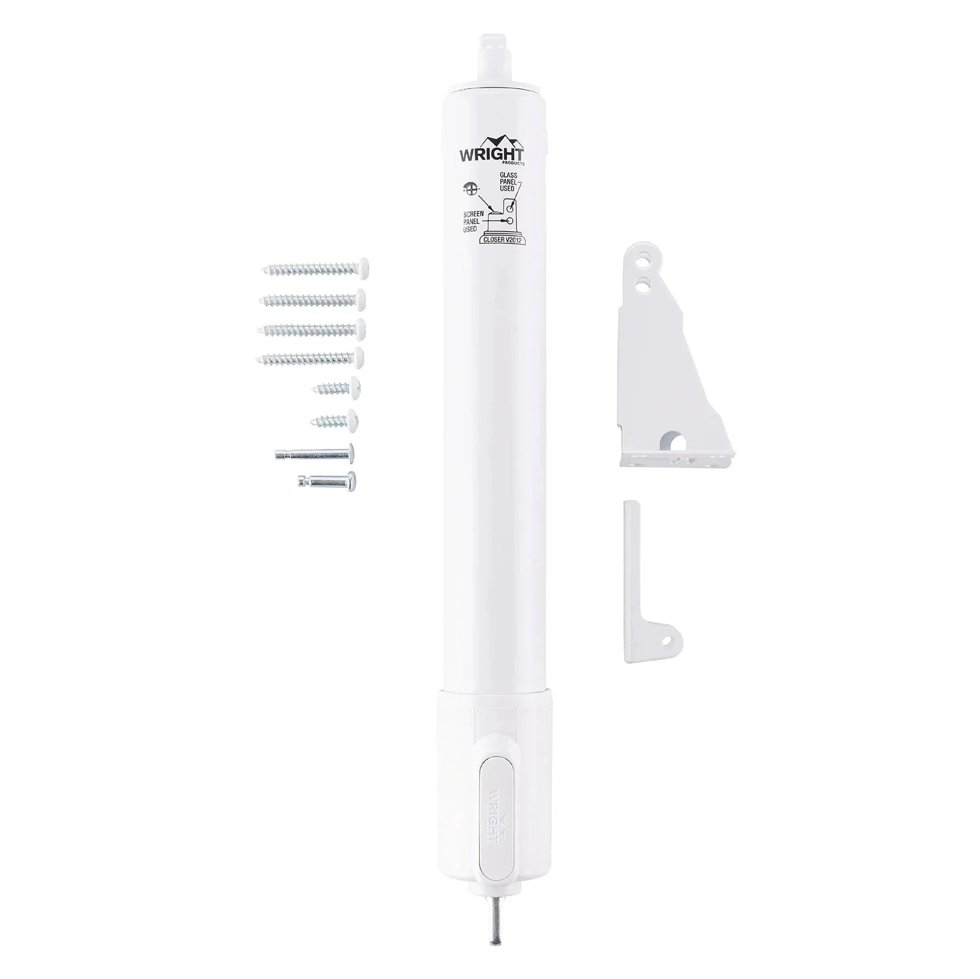 Heavy Duty Pneumatic Screen & Storm Door Closer with EZ-Hold, white with installation hardware, for out-swinging doors, front view.