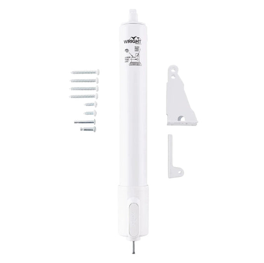 Heavy Duty Pneumatic Screen & Storm Door Closer with EZ-Hold, white with installation hardware, for out-swinging doors, front view.