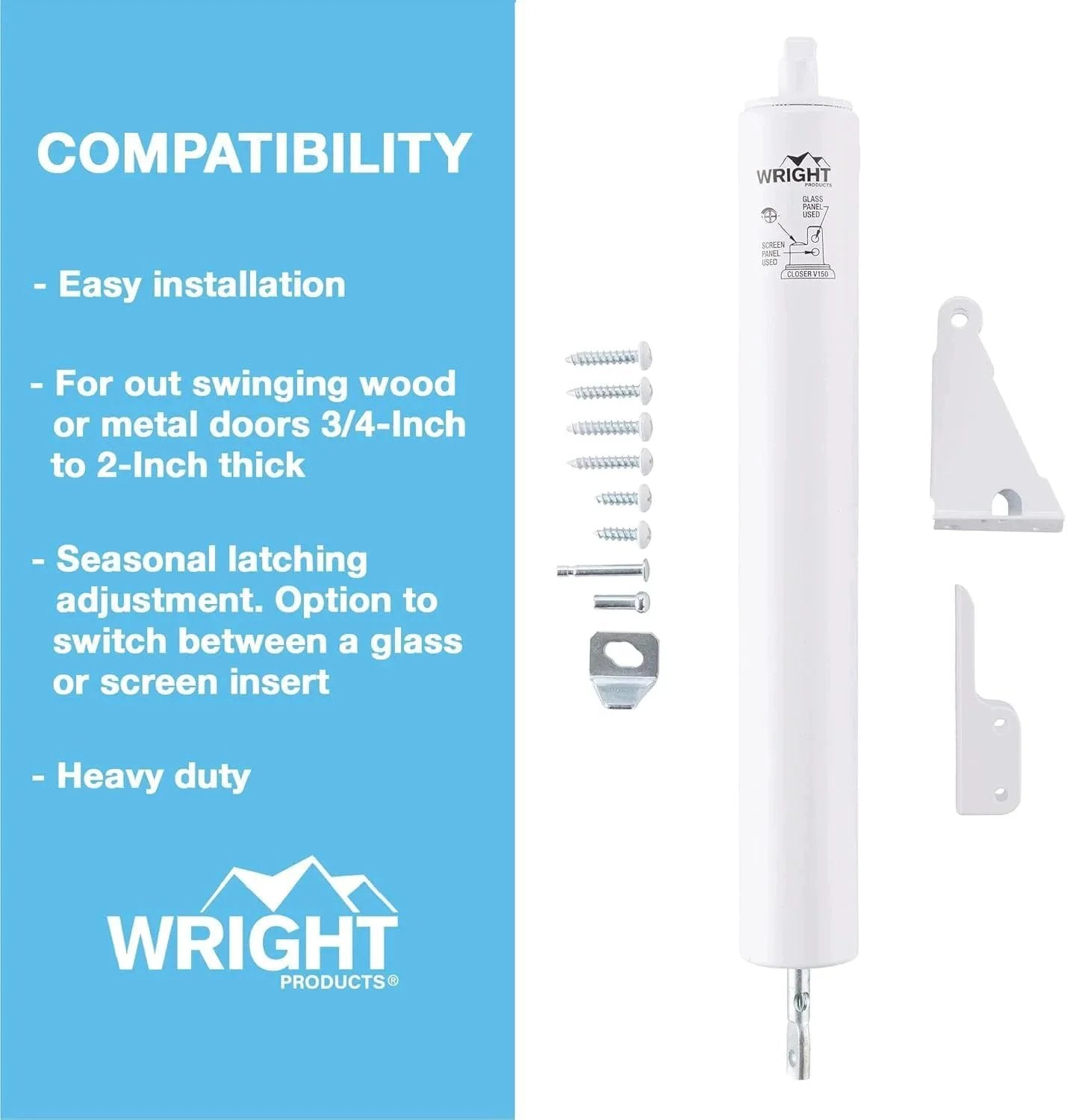 Heavy-Duty Pneumatic Storm Door Closer - Durable, Adjustable, Quiet-Closing with Hold-Open Feature (Transitional, White) and mounting hardware.