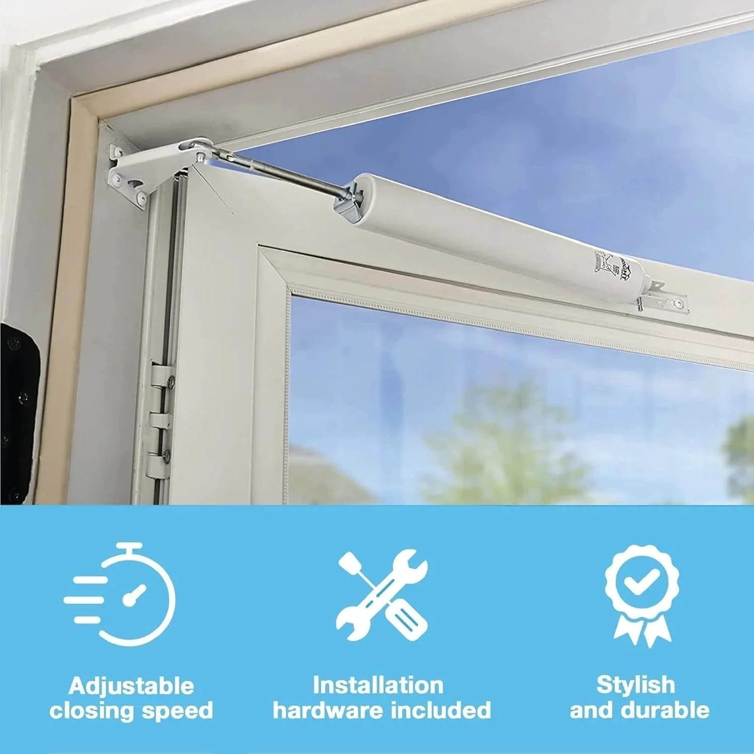 Heavy-Duty Pneumatic Storm Door Closer - Durable, Adjustable, Quiet-Closing with hold-open feature installed on white door
