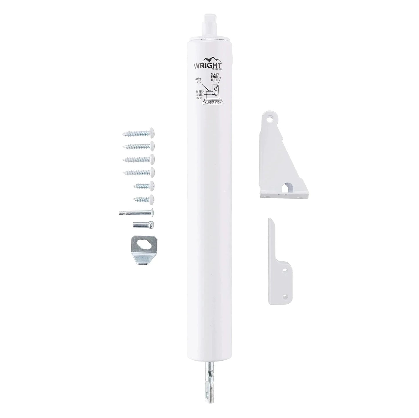 Heavy-Duty Pneumatic Storm Door Closer - Durable, Adjustable, Quiet-Closing with Hold-Open Feature (Transitional, White) shown with mounting hardware.
