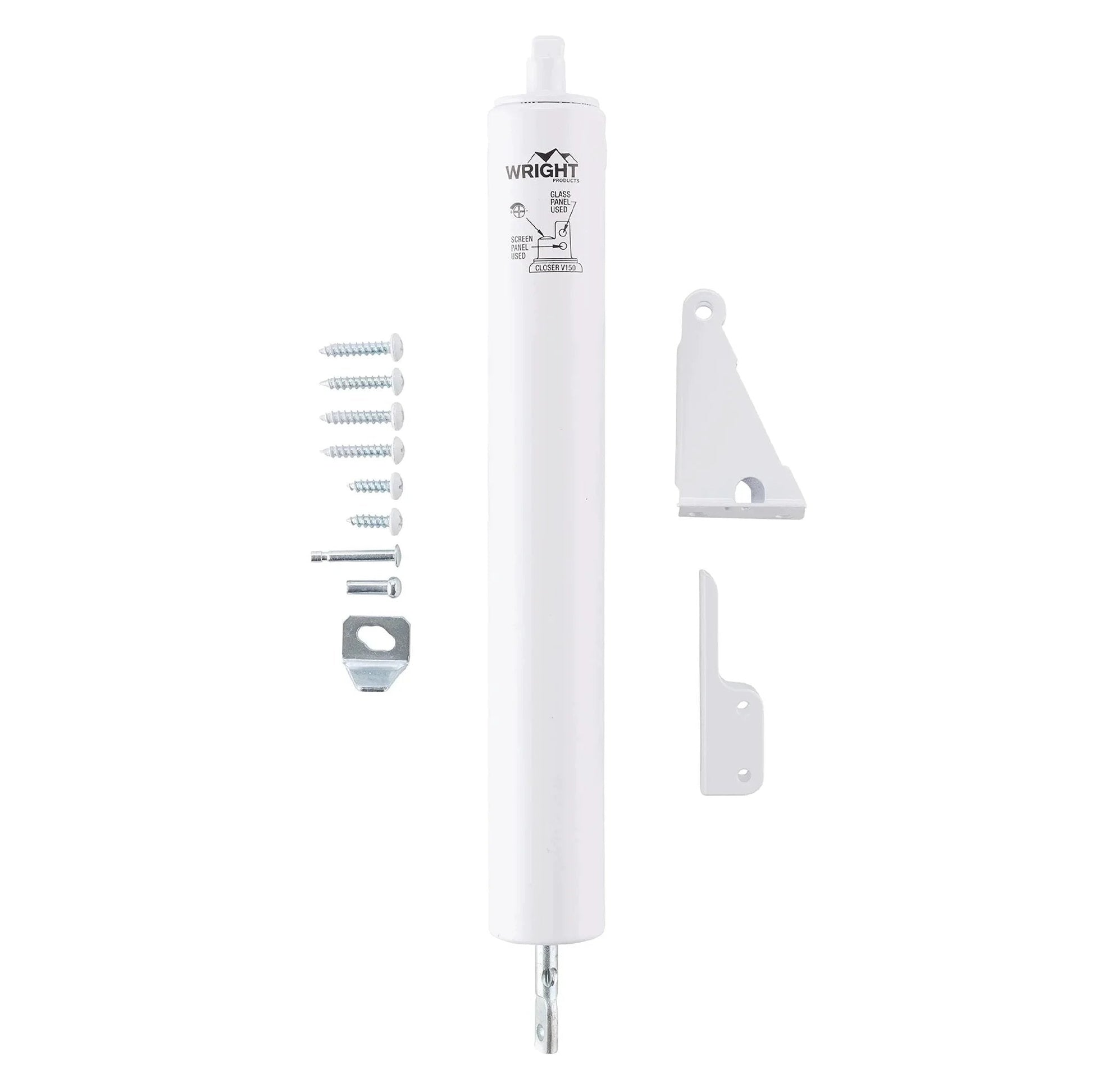 Heavy-Duty Pneumatic Storm Door Closer - Durable, Adjustable, Quiet-Closing with Hold-Open Feature (Transitional, White) shown with mounting hardware.