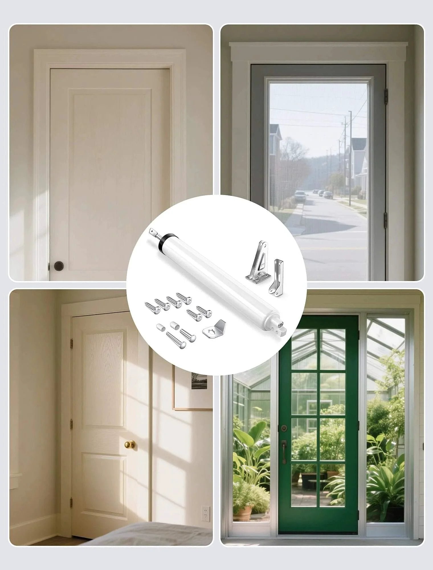 Storm Door Closer, Pneumatic Screen Door Closer, white with universal bracket kit, shown with door installation examples