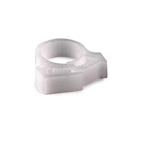 Close-up of HellermannTyton SNP710C2 Snapper Hose Clamp 0.46 Inch To 0.56 Inch Diameter Non Conductive Polyoxymethylene POM, White