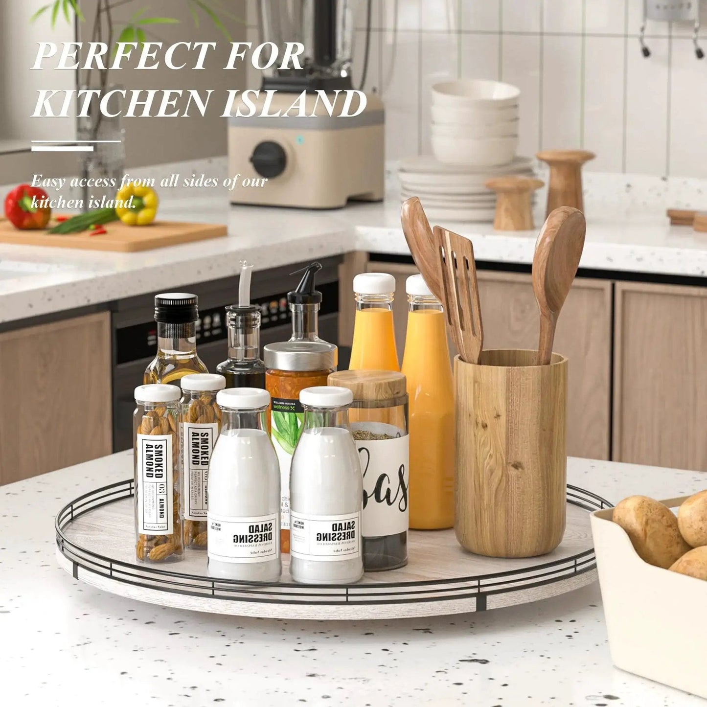 24 Inch Round Wooden Lazy Susan Turntable For Kitchen And Dining Room Organization holding condiments and utensils on countertop