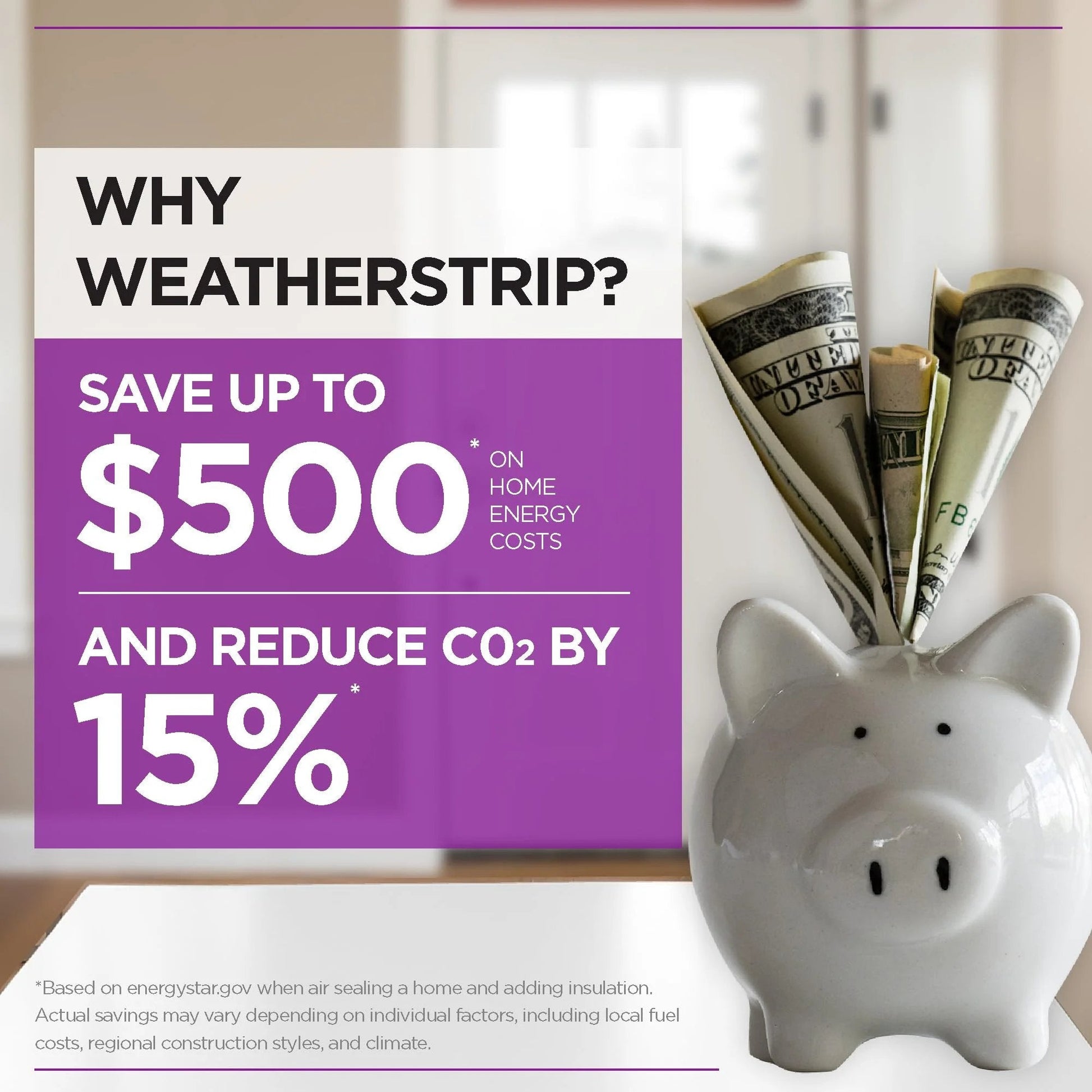 Infographic showing piggy bank with cash and energy savings details related to weatherstripping.