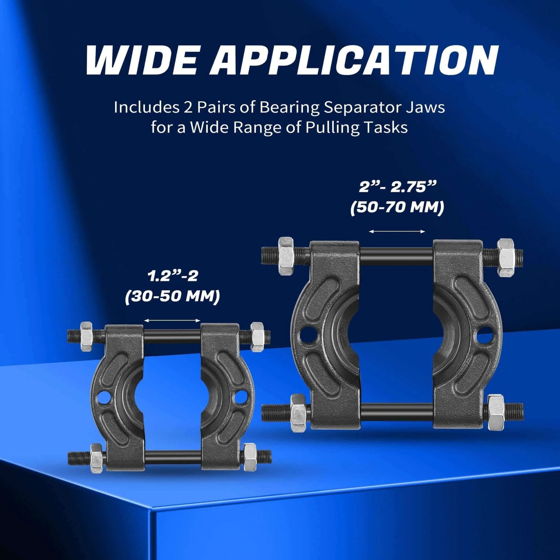 14 pcs bearing puller and splitter kit 5 ton with 2 and 3 inch separator jaws showcasing wide application, two separator sizes shown.