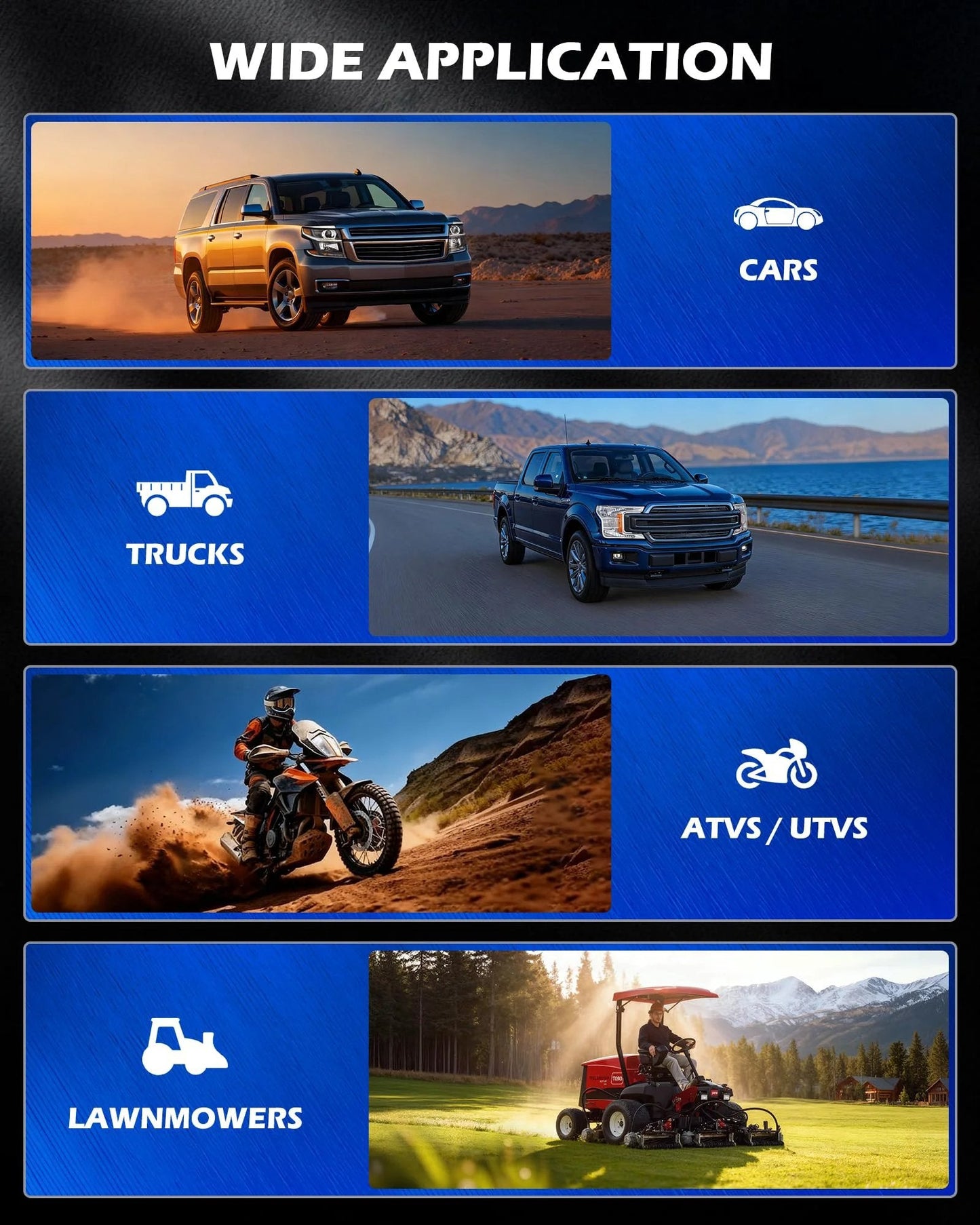 Wide application image showcasing vehicles like cars, trucks, ATVs, UTVs, and lawnmowers for the Go-To Cylinder Leak-Down Tester Kit.