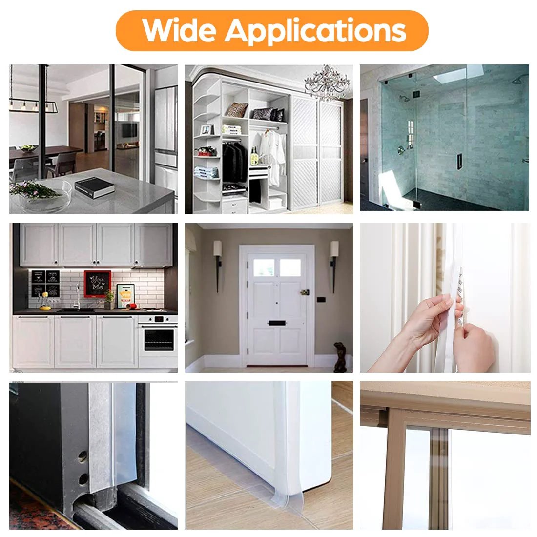 Must Have 33.5 Ft Weather Stripping Door Seal Kit For Draft Blocking Self Adhesive Silicone Tape Shower Door Bottom Seal Window And Frame Insulation Gap Filler For Glass Panels Transparent 25mm And 35mm Widths applications in various settings including kitchen, door, and shower.