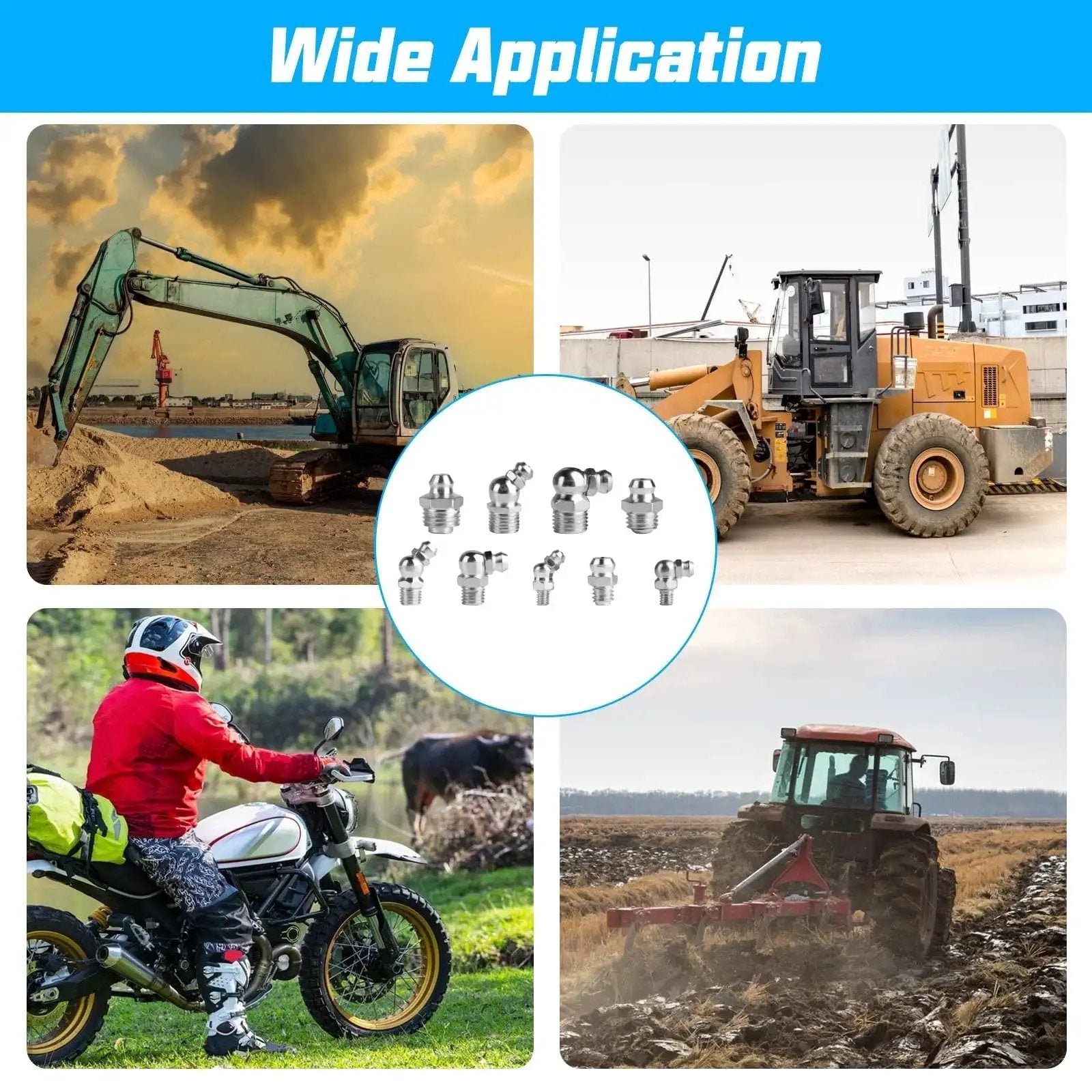 Heavy equipment and vehicles using 70 Pcs Metric Grease Fittings Assortment Kit Featuring M6 M8 M10 Zerk Fittings for lubrication