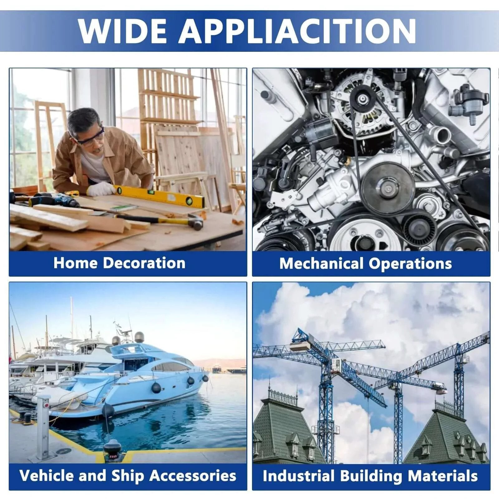 Collage showing applications of 430 Pcs Roll Pin Set: home decoration, mechanical operations, vehicle and ship accessories, industrial building materials.