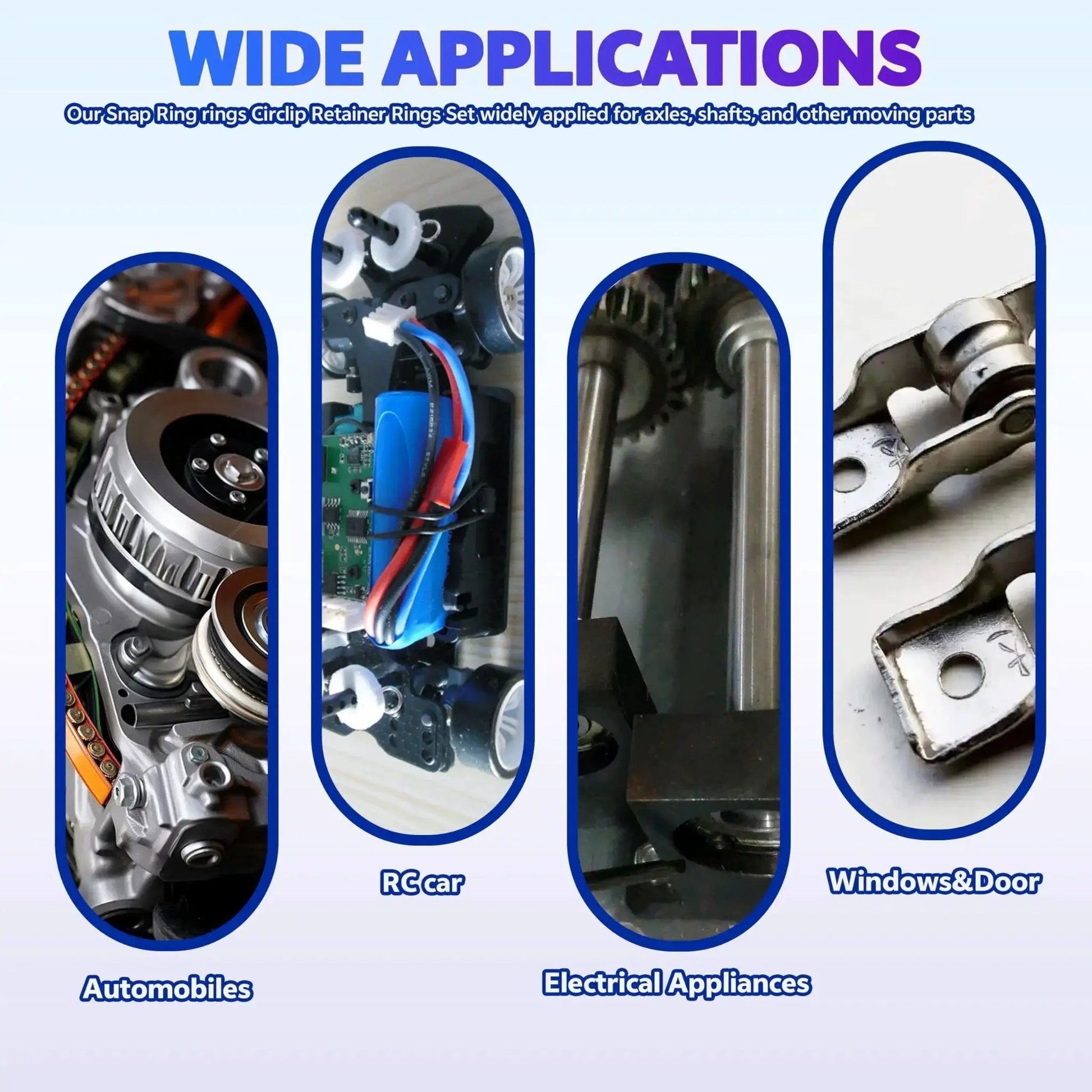 Wide applications of Premium Alloy Steel External Circlip Snap Ring Kit, 315 piece set used in automobiles, RC cars, and more.