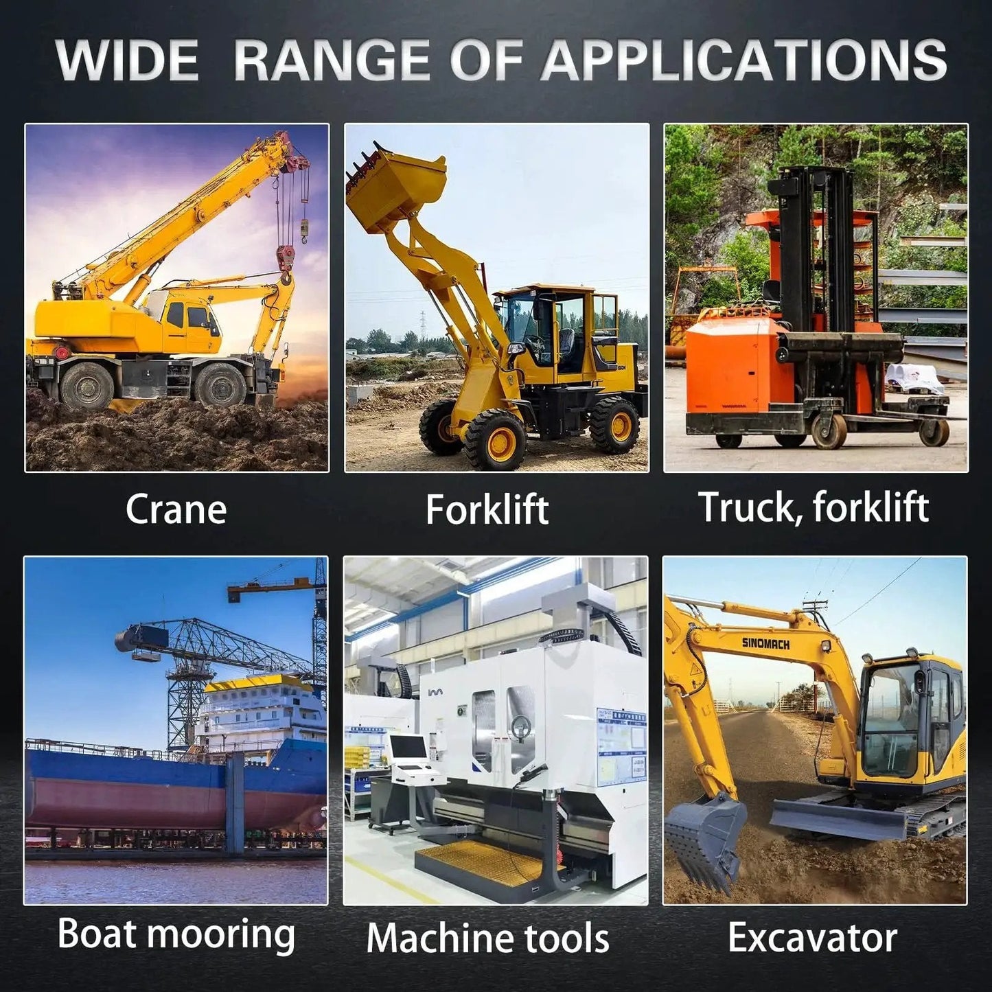 Images showing various machinery demonstrating the wide range of applications for 60 Piece Grease Fittings Kit With One Quarter Inch And One Eighth Inch BSP Threads Featuring Ninety Degree Forty Five Degree And Straight Angles For Automotive Tractors And Industrial Machinery Maintenance Heavy Duty Lubrication Kit.