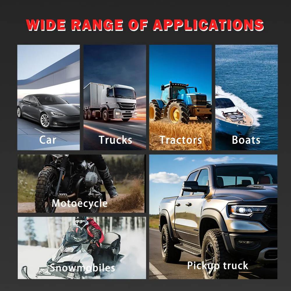 Wide range of vehicles including cars, trucks, tractors, boats, motorcycles, snowmobiles, and a pickup truck, showcasing versatility.