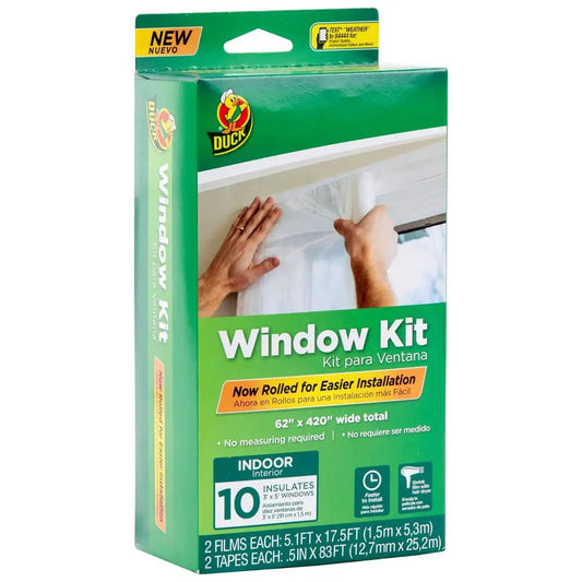 Packaging of a Window Insulation Kit With Rolled Shrink Film For Easy Indoor Installation Draft Blocking And Energy Savings