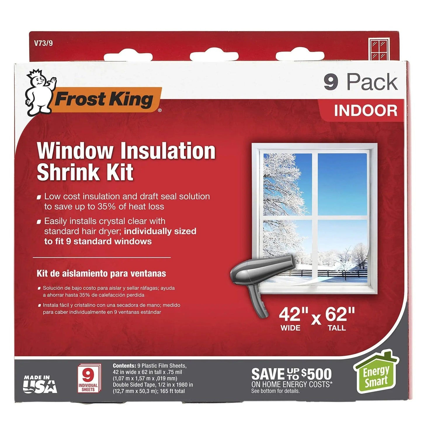 Indoor Window Shrink Kit For 42 To 62 Inch Windows Clear 9 Pack Insulation Film Packaging Front View