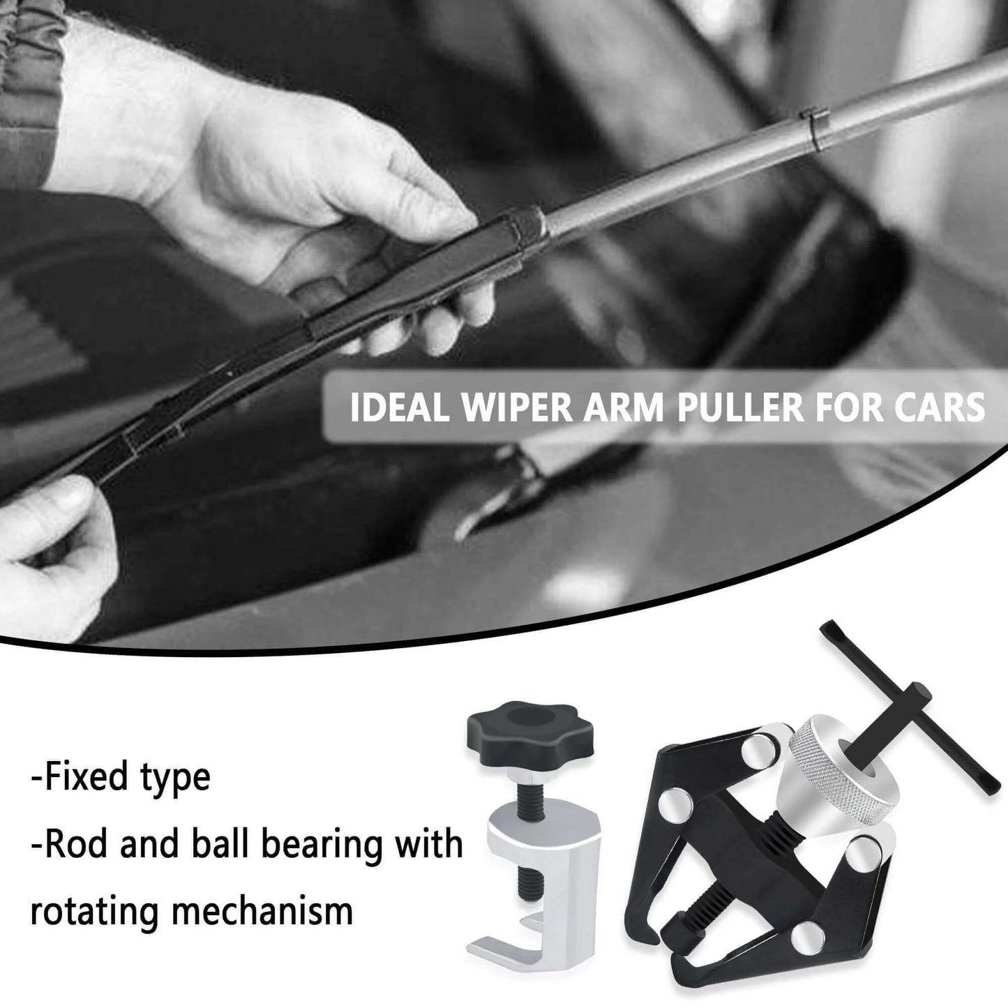 Windshield Wiper Arm Removal Tool Kit in use, demonstrating the universal wiper arm puller mechanism on a car windshield wiper.