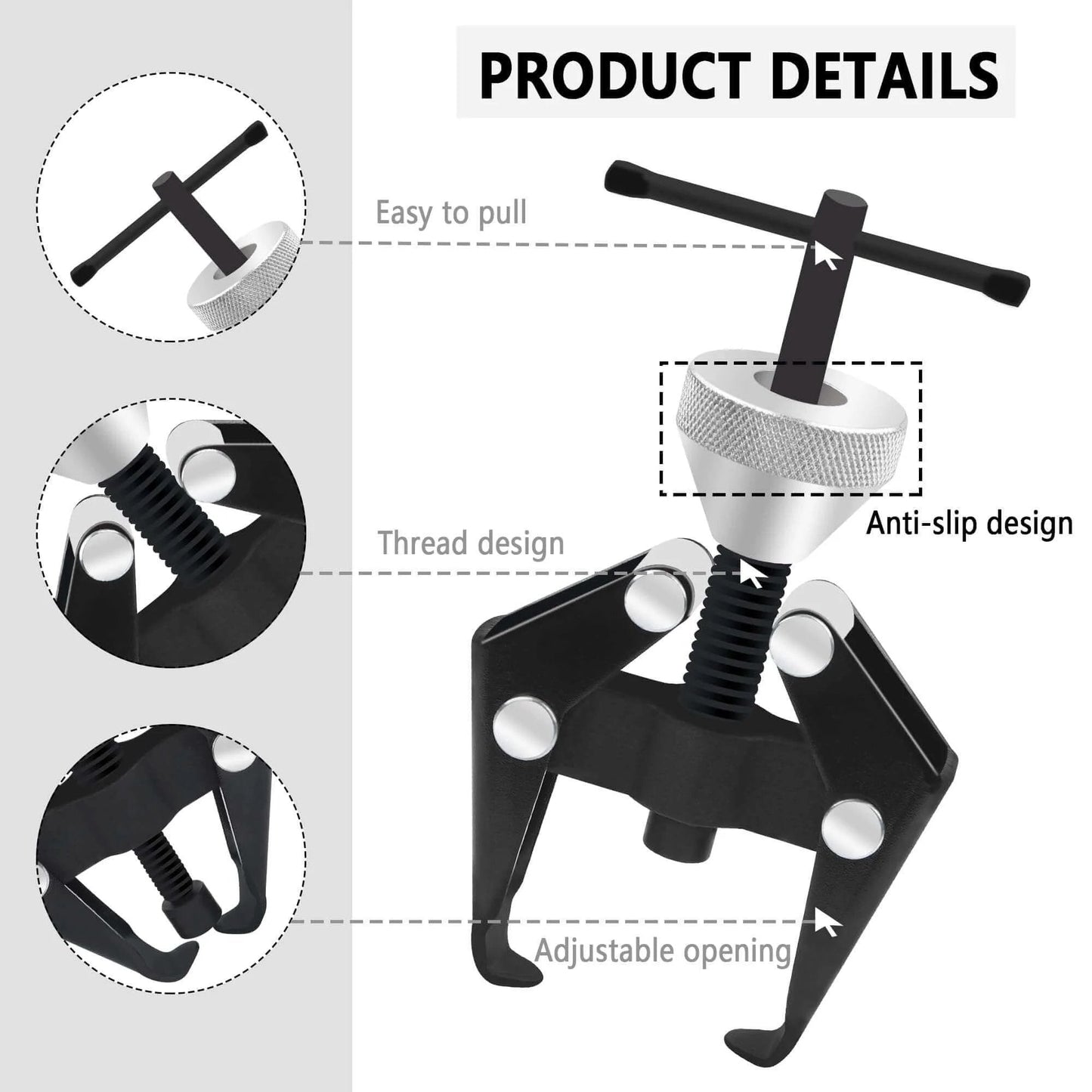 Windshield Wiper Arm Removal Tool Kit with adjustable opening, thread design, and anti-slip handle shown in product details.