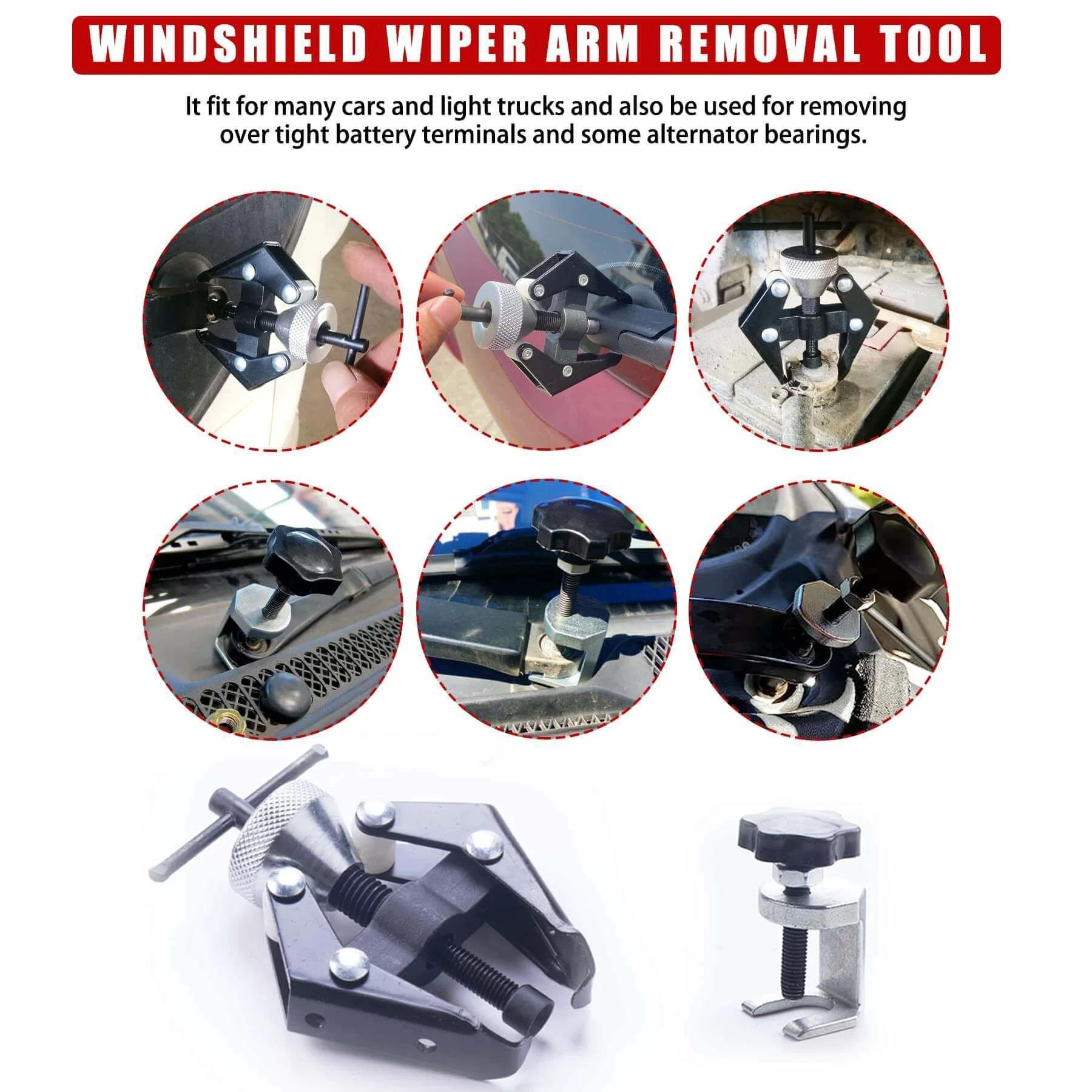 Battery Terminal and Wiper Arm Puller Tools used for windshield wiper arm removal shown in multiple installation angles