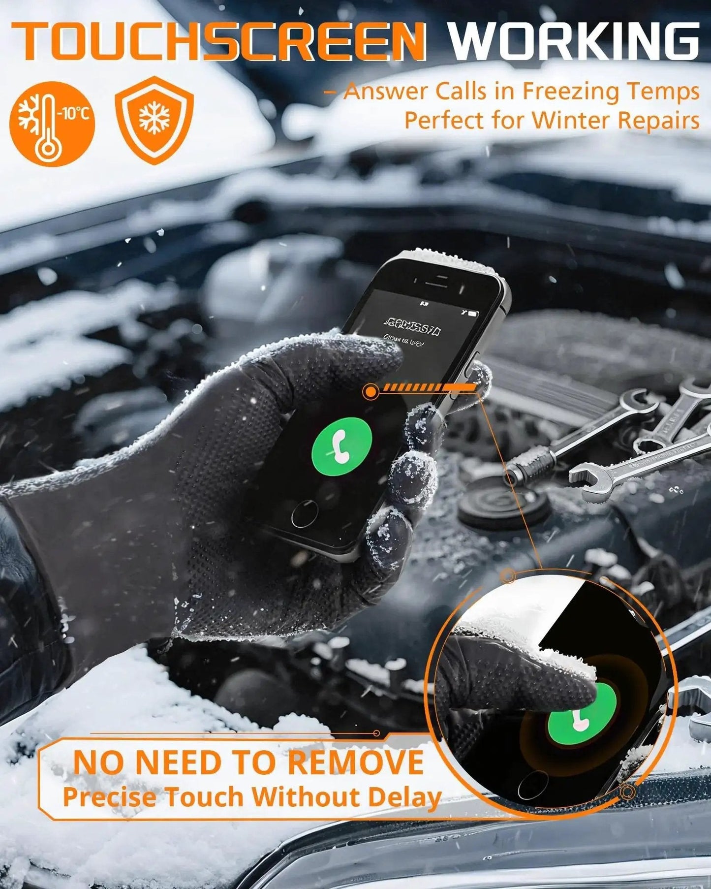 9 Mil Nitrile Gloves With Raised Diamond Grip Chemical Resistant Latex Free used on touchscreen phone in winter conditions