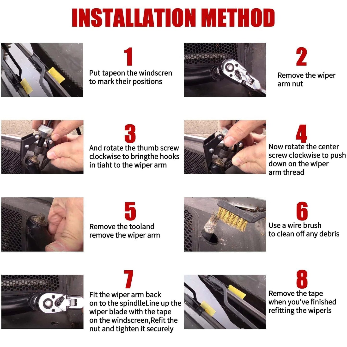 Installation guide showing steps for using Battery Terminal and Wiper Arm Puller Tools, including removal and adjustment process.
