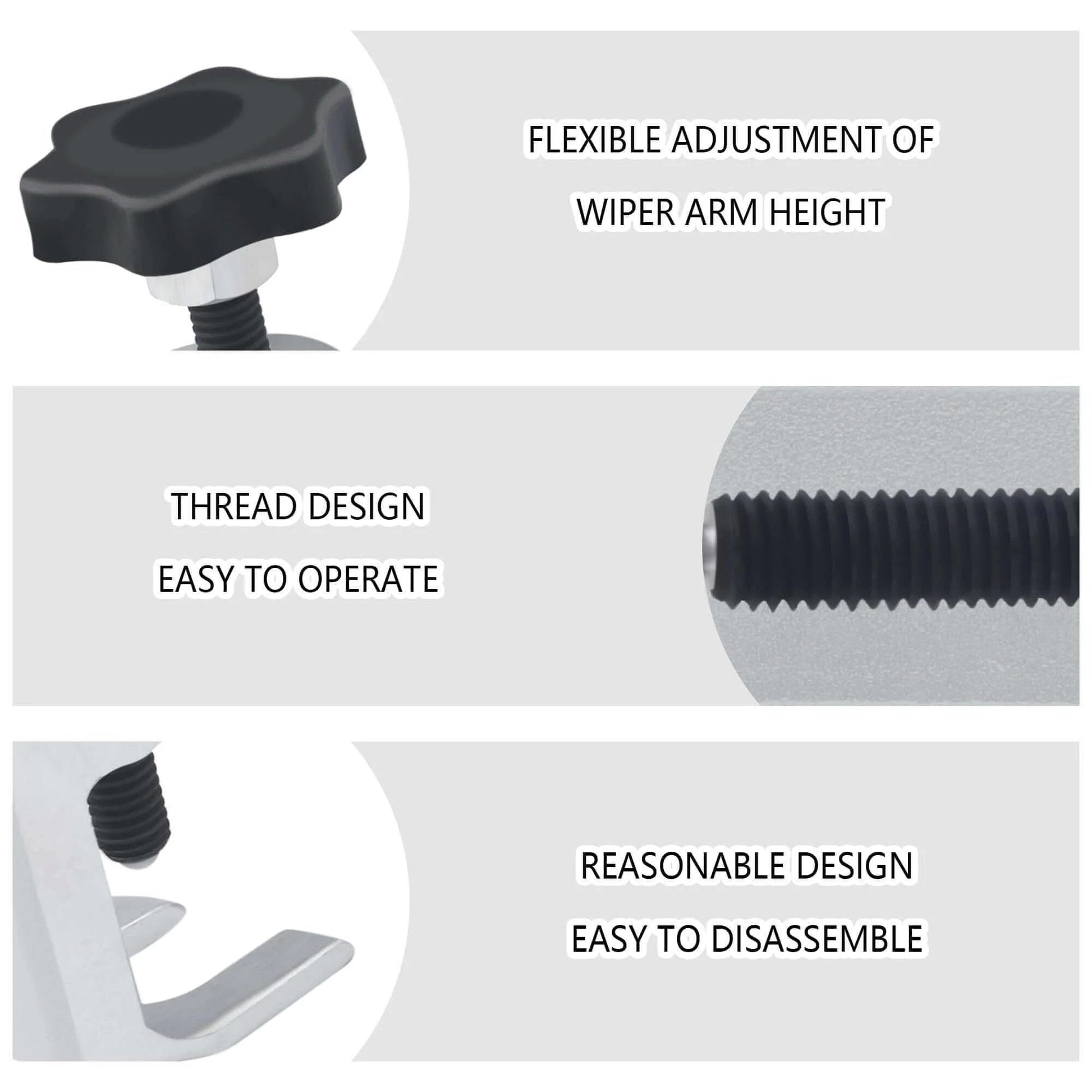 Close-up of Windshield Wiper Arm Removal Tool Kit features, showing screw mechanism and design details for flexible adjustment.