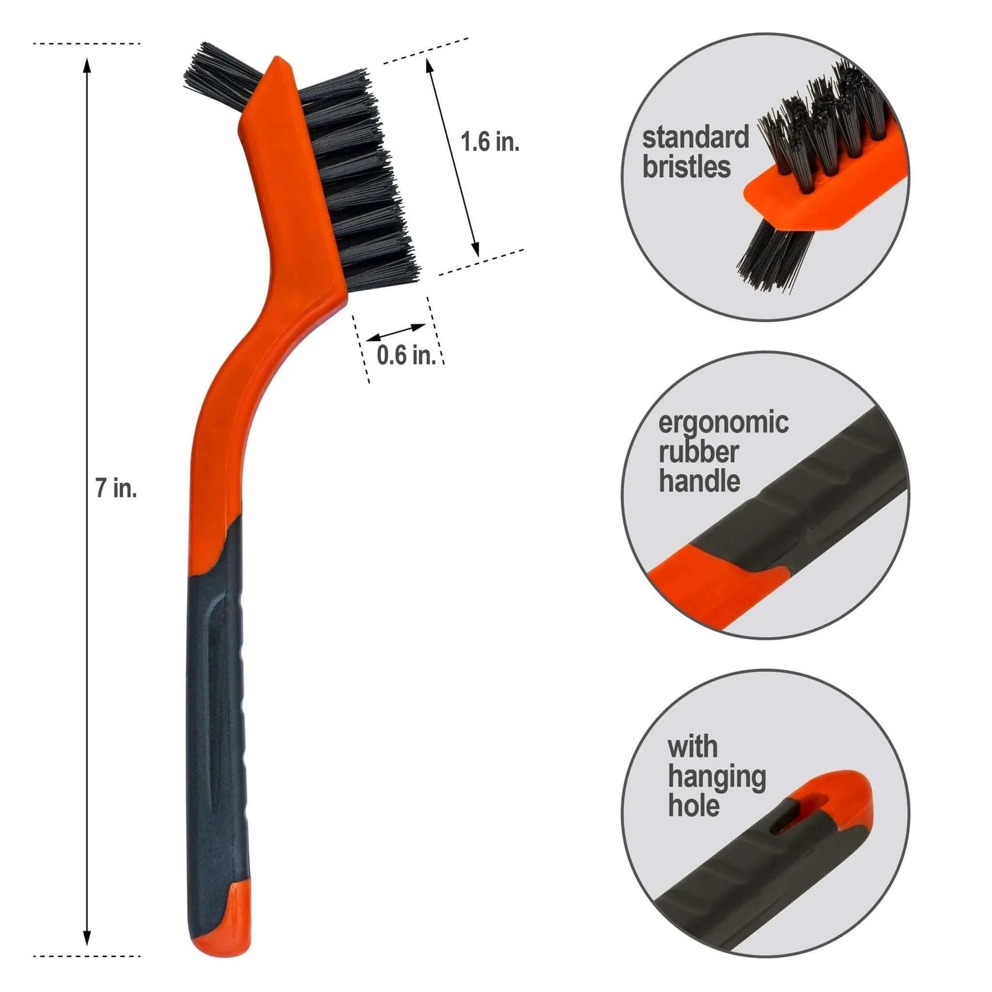 Side view of 6Pcs Wire Brush Set, featuring a 7-inch nylon brush with ergonomic rubber handle and hanging hole, for rust cleaning.
