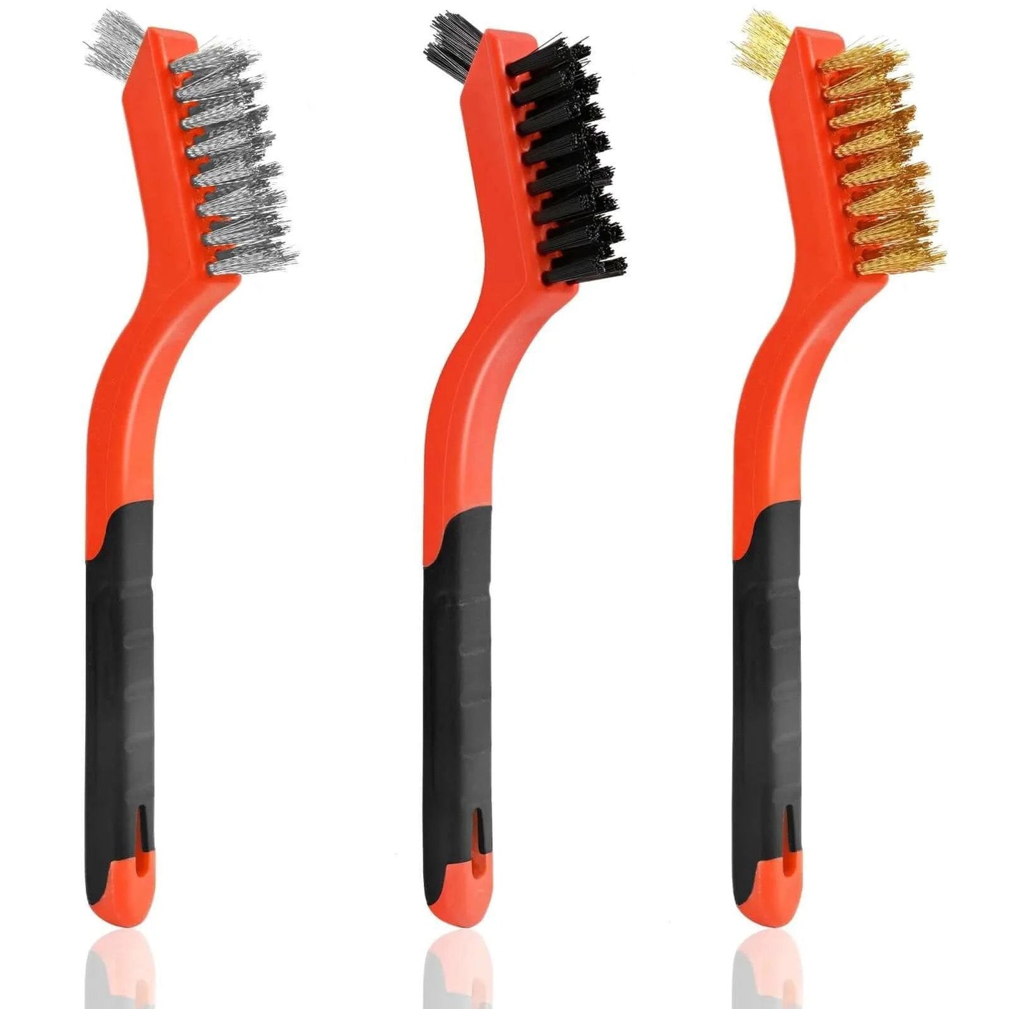 3pcs Wire Brushes for Cleaning Rust, Upgrade Wire Brush Set with Brass, Stainless Steel, Nylon Bristles and Curved Handle