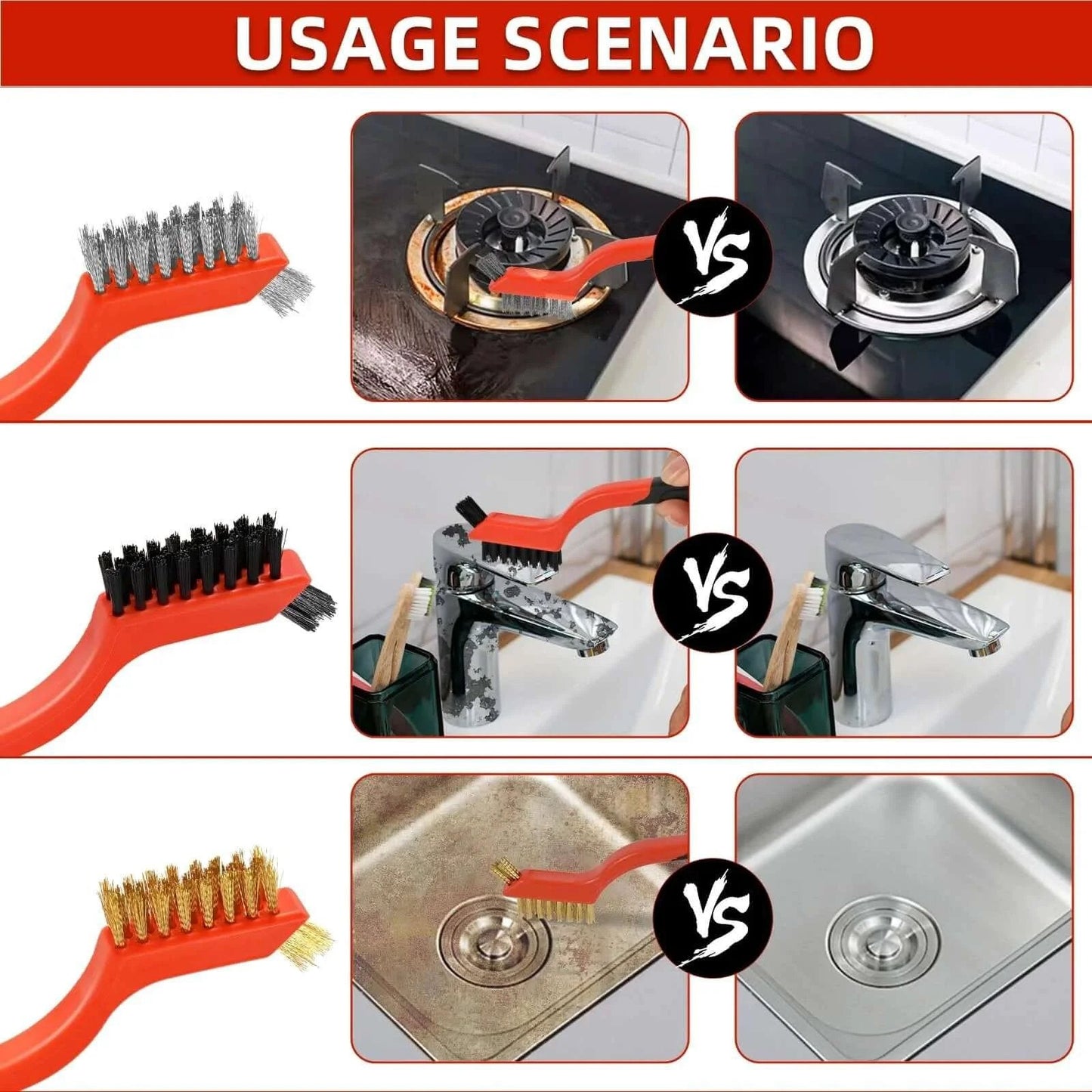 3pcs Wire Brushes for Cleaning Rust, Upgrade Wire Brush Set used on stove, faucet, and sink scenarios, curved handles visible