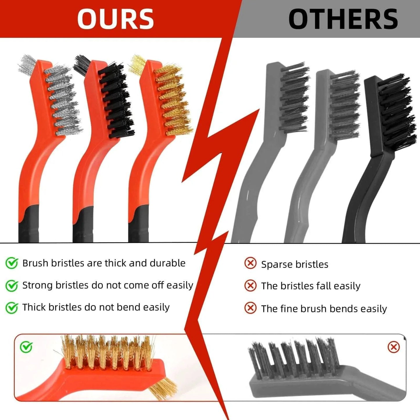 Comparison of 3pcs Wire Brushes for Cleaning Rust with Upgrade Wire Brush Set featuring brass, stainless steel, nylon bristles