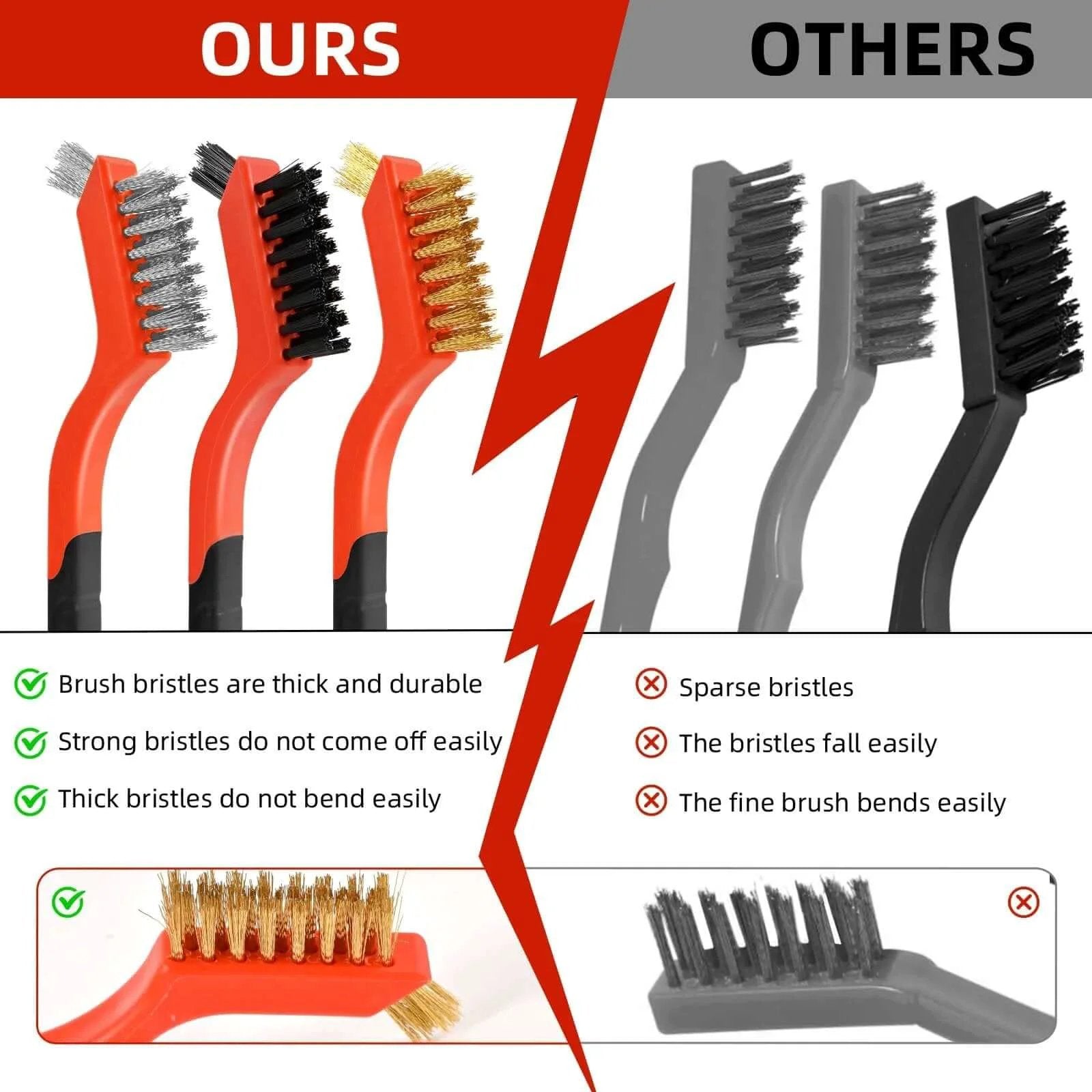 Comparison of 3pcs Wire Brushes for Cleaning Rust with Upgrade Wire Brush Set featuring brass, stainless steel, nylon bristles