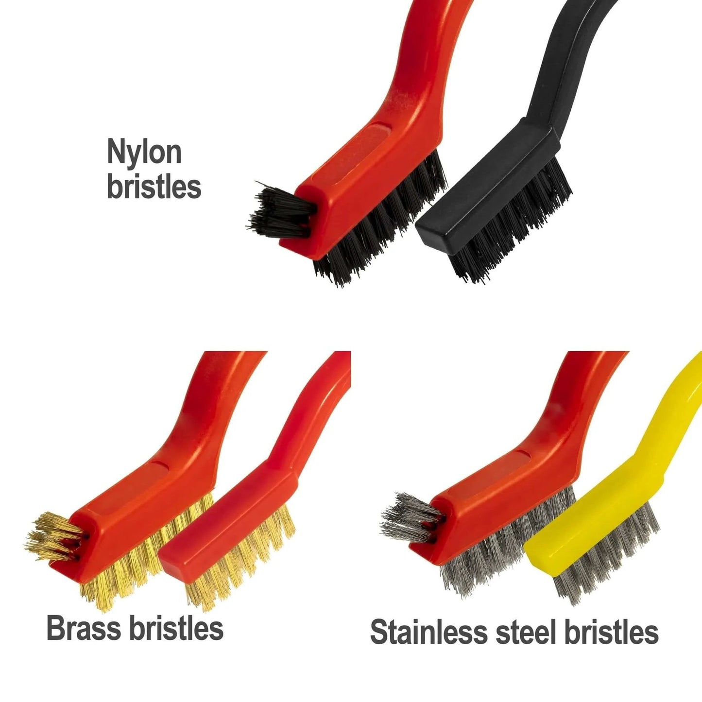 6Pcs Wire Brush Set, Stainless Steel/ Brass/ Nylon Bristle Brushes for Cleaning Rust, Scratch Wire Brushes displayed.