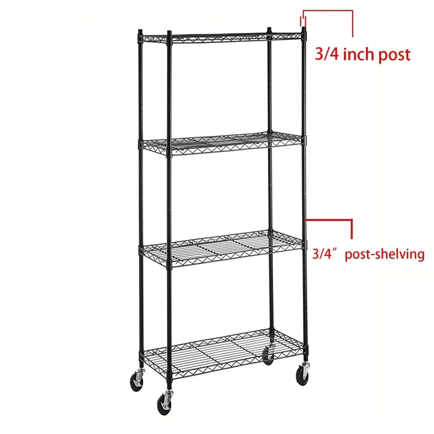 4-tier wire shelving rack on wheels with 3/4 inch posts, equipped with 2 inch locking swivel casters set of 4 with 1/4-20 threaded stem.