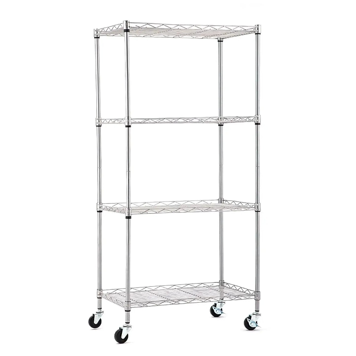 Wire shelving rack with 2 Inch Locking Swivel Casters Set Of 4 With 1/4-20 Threaded Stem For Wire Shelving Racks Heavy Duty Steel Wheels Max Load 400 Lbs Side Lock Brake Non Marring Design Replacement Wheels For Rolling Carts And Shelves attached, viewed from the side.