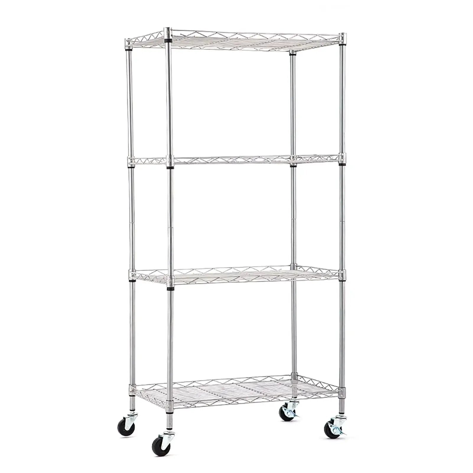 Wire shelving rack with 2 Inch Locking Swivel Casters Set Of 4 With 1/4-20 Threaded Stem For Wire Shelving Racks Heavy Duty Steel Wheels Max Load 400 Lbs Side Lock Brake Non Marring Design Replacement Wheels For Rolling Carts And Shelves attached, viewed from the side.
