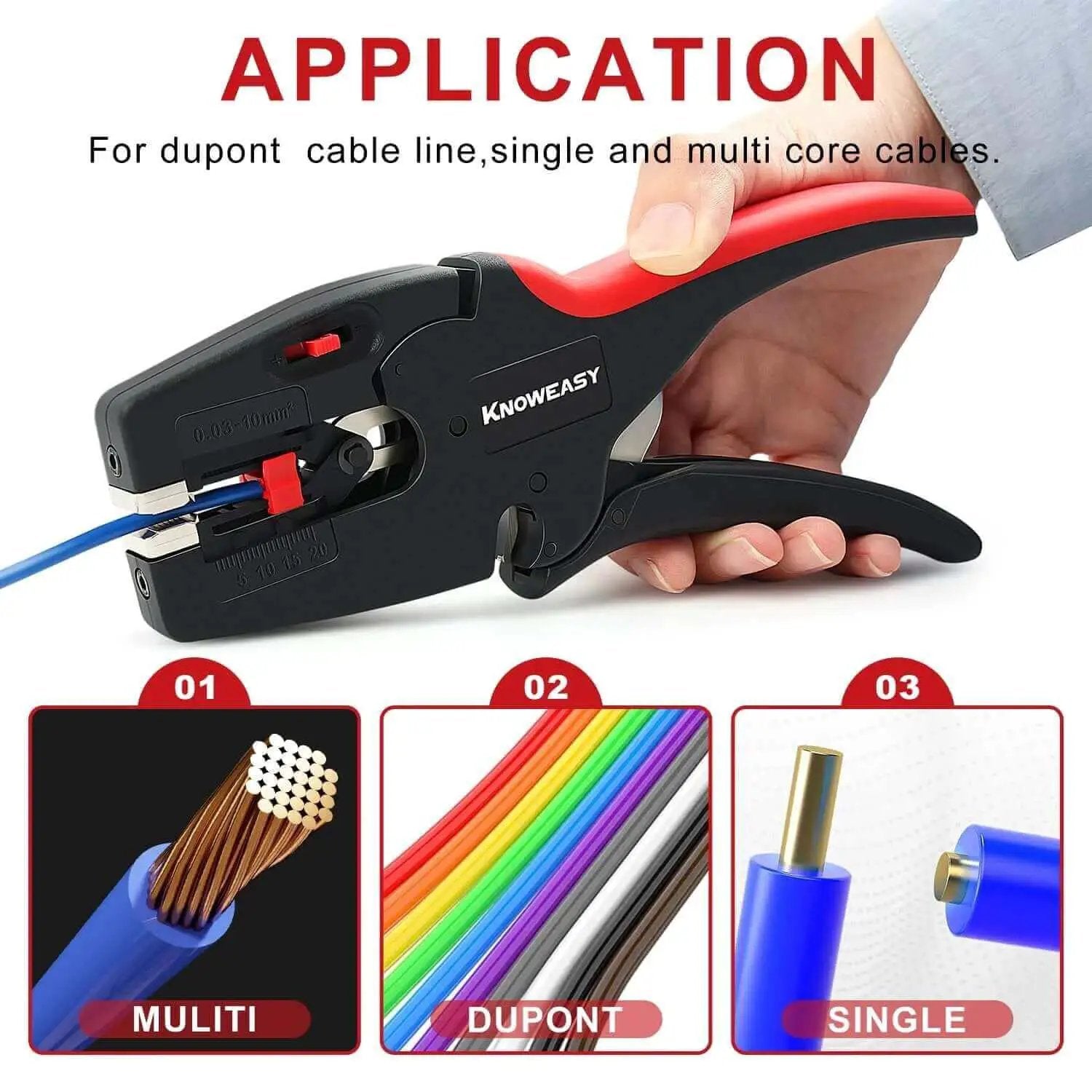 Person using Heavy Duty Wire Stripper And Cutter Two In One For 7 To 32 AWG Wires 0.03 Mm2 To 10 Mm2 on colorful cables.