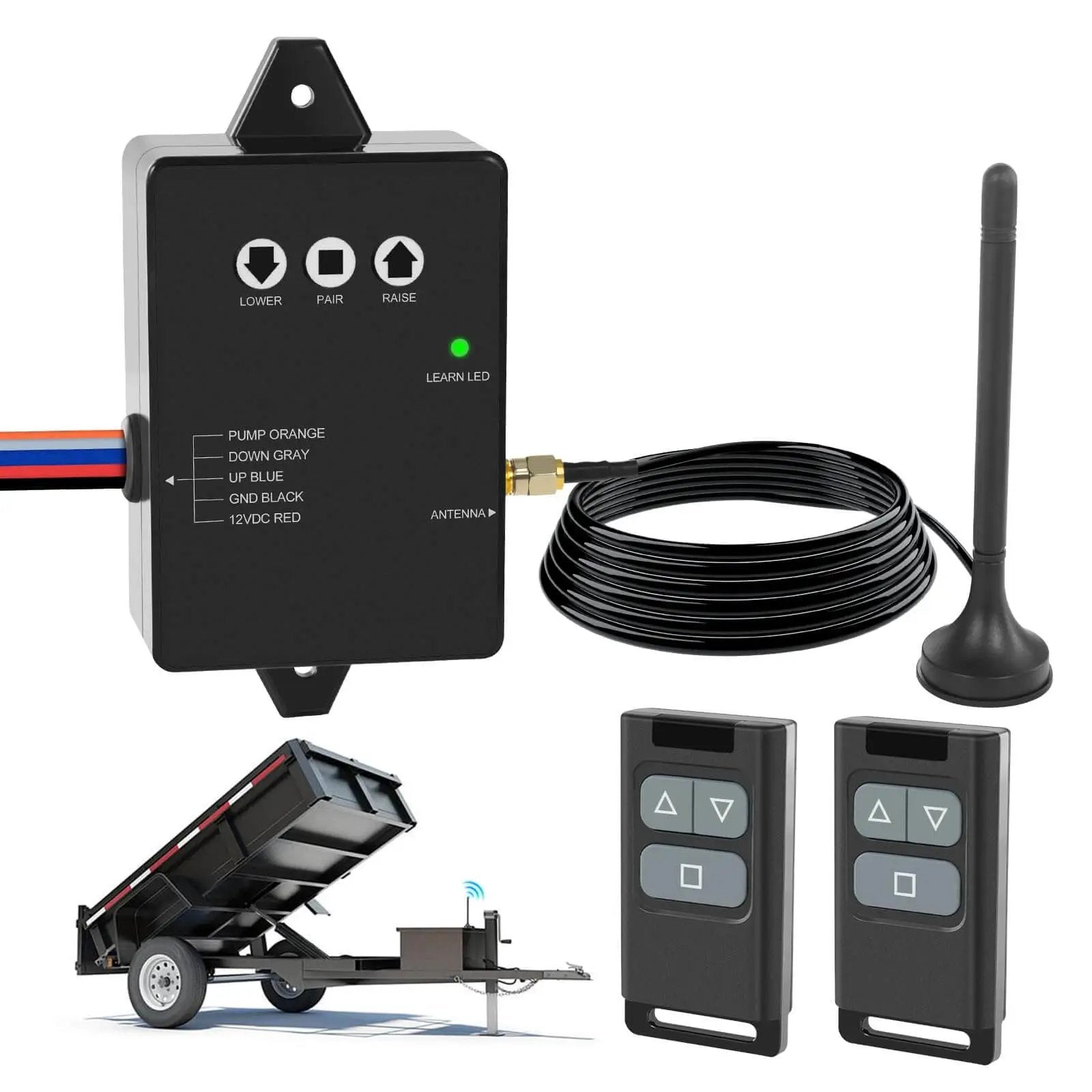 Wireless Dump Trailer Remote Control Kit With 100 Ft Range, Dual Remotes, 12V Hydraulic Lift Winch Tilt Controller