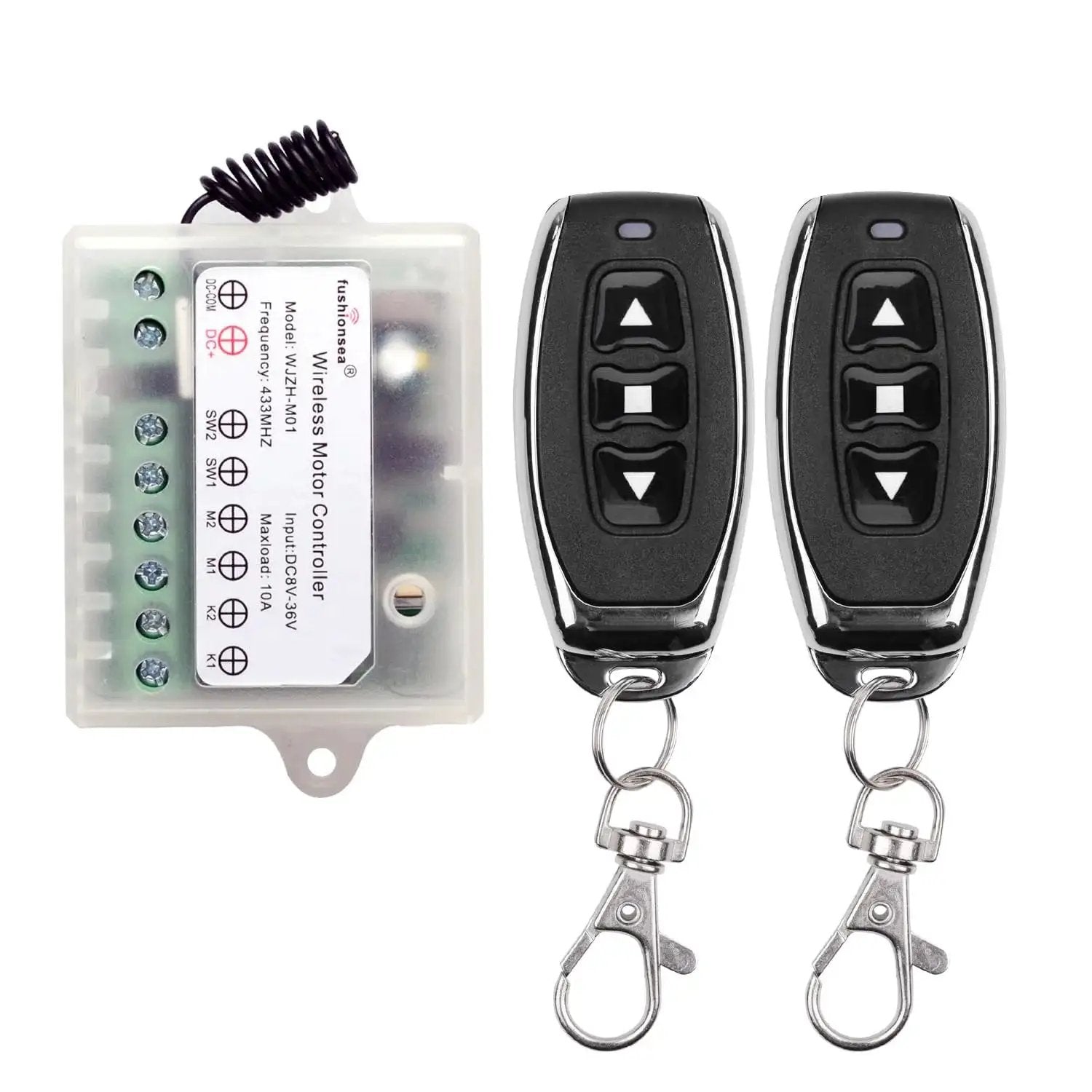 Wireless RF Remote Control Switch for DC Motors 12V 24V 36V; includes module and two remotes with keychain clips, 433MHz frequency.